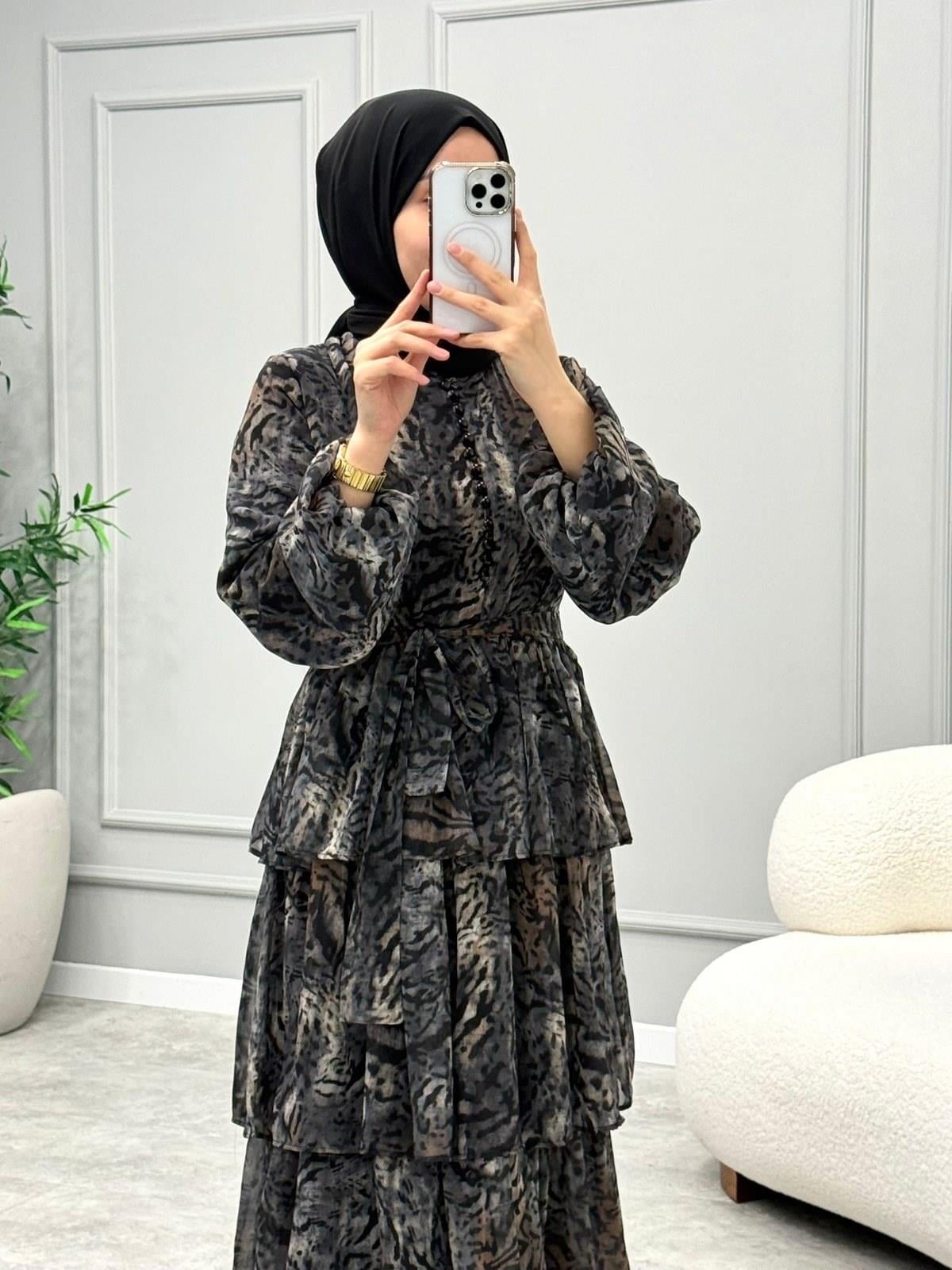 Leopar Desen Şifon Elbise -Siyah