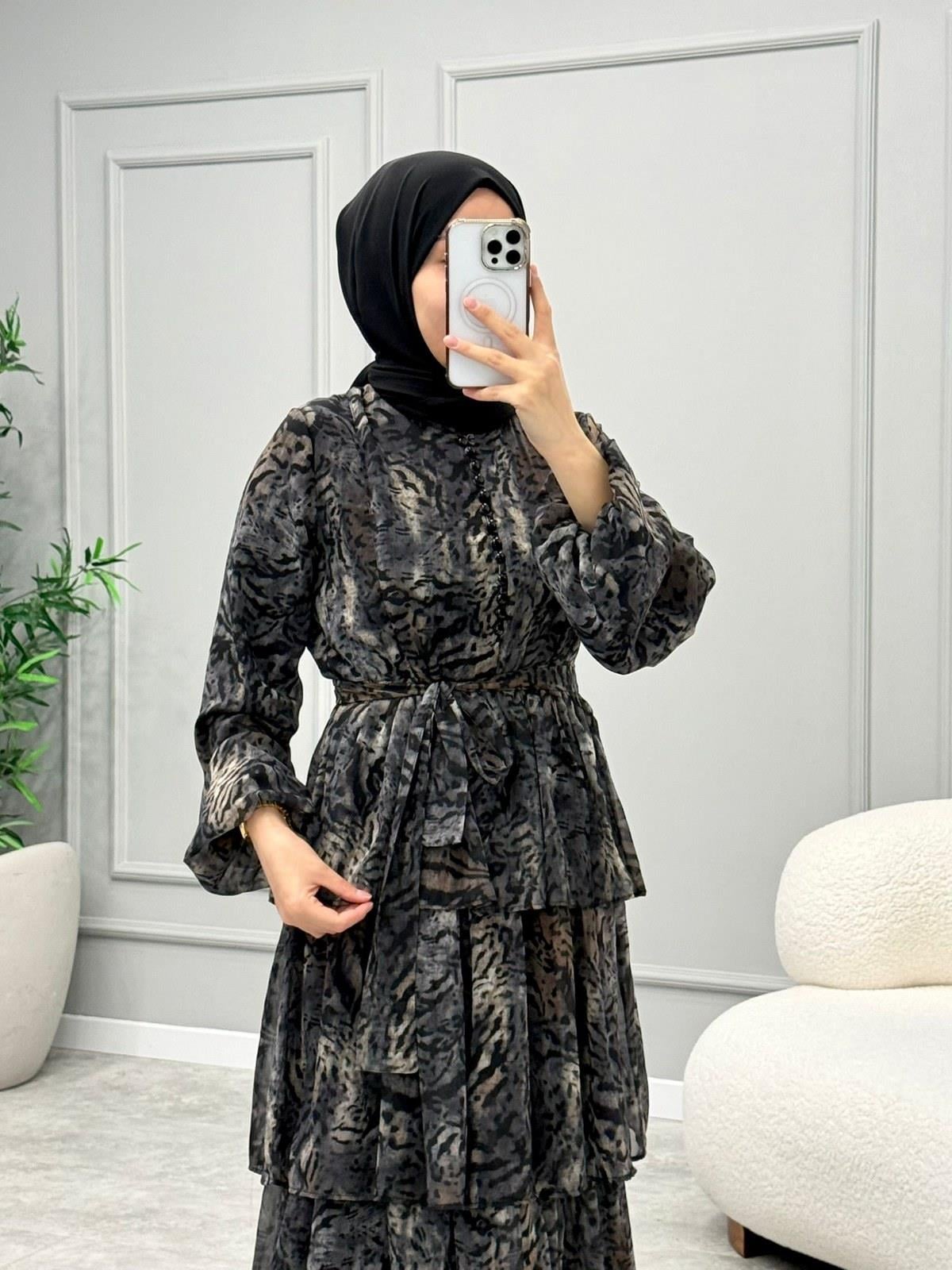 Leopar Desen Şifon Elbise -Siyah