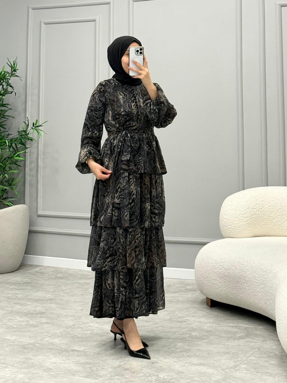 Leopar Desen Şifon Elbise -Siyah