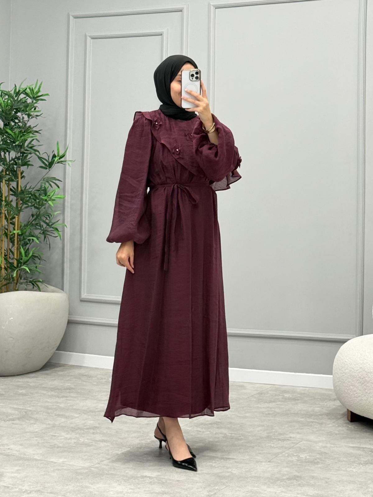 Luna Çiçek Detay Elbise -Bordo