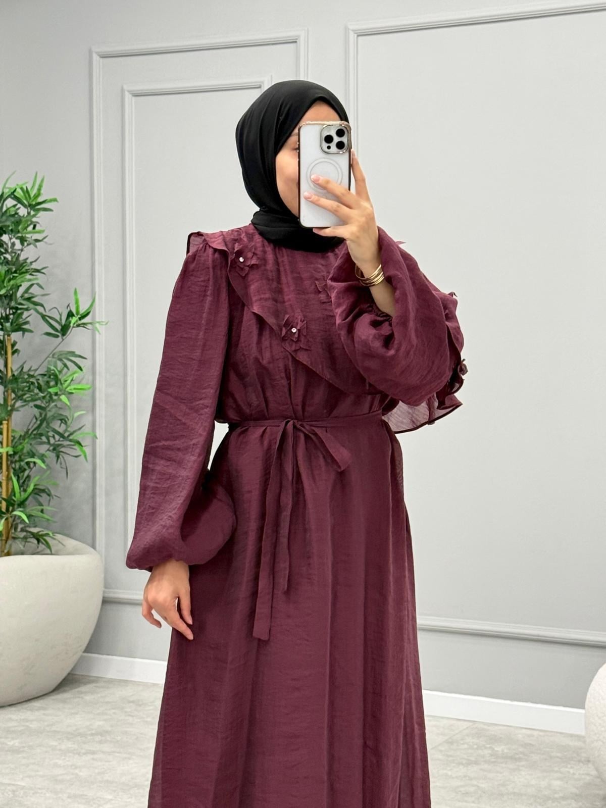 Luna Çiçek Detay Elbise -Bordo