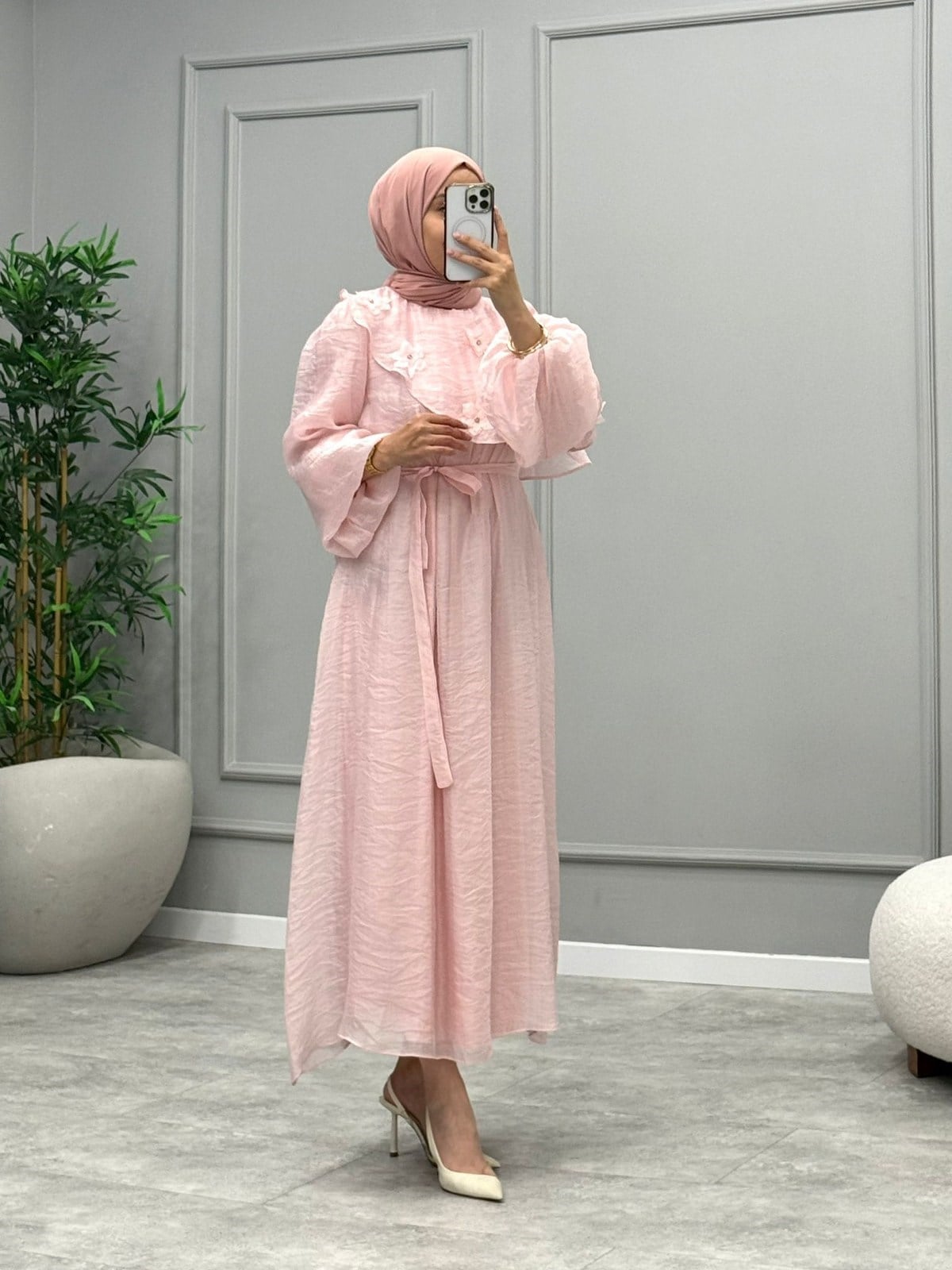 Luna Çiçek Detay Elbise -Pembe
