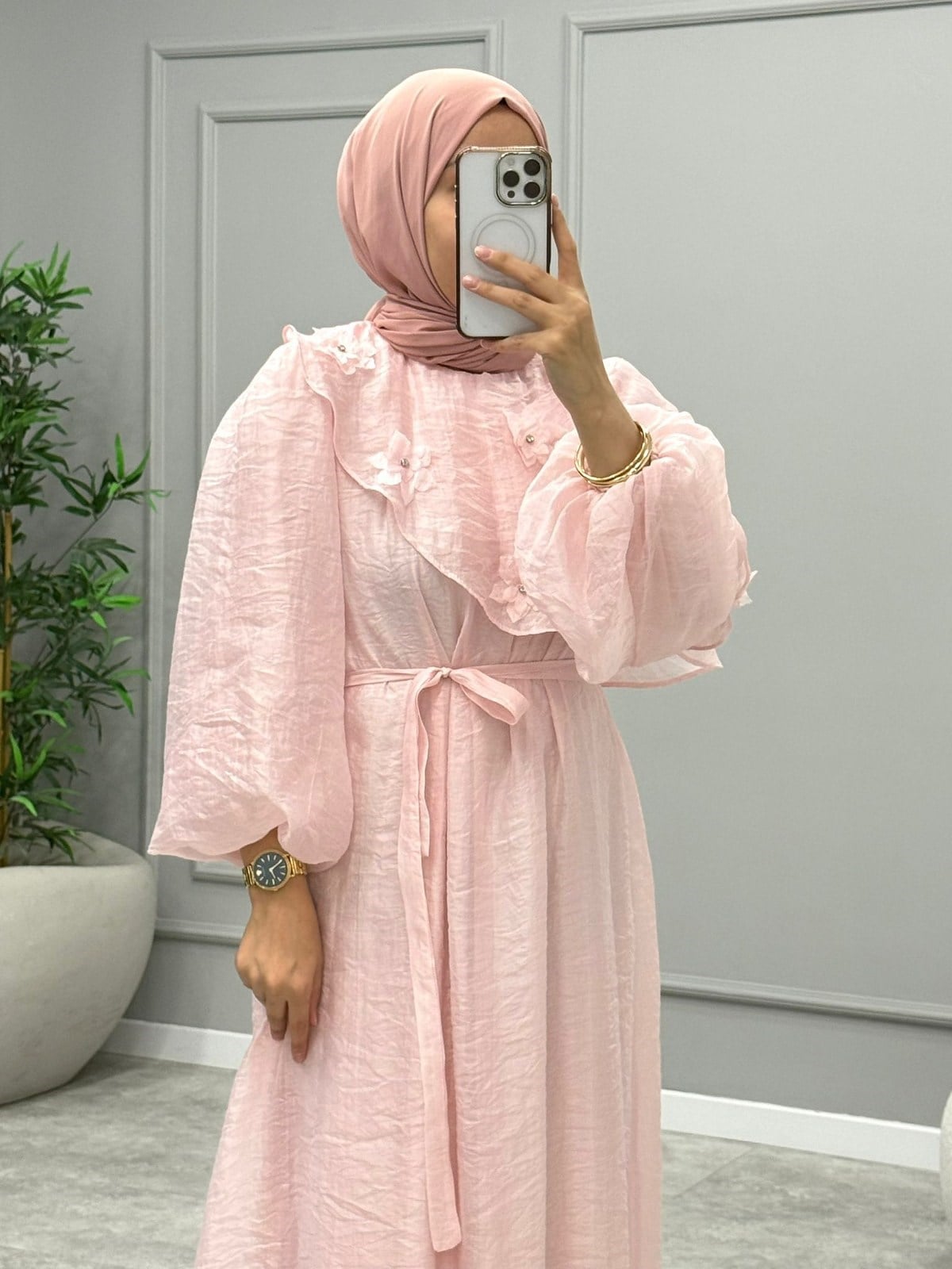 Luna Çiçek Detay Elbise -Pembe