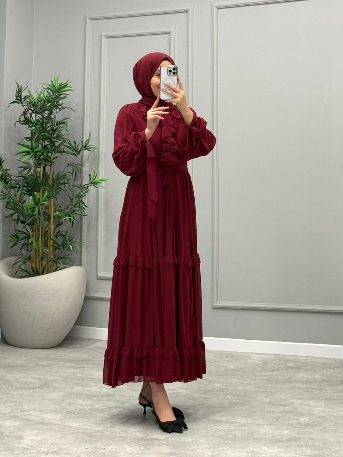 Monisa Şifon Elbise -Bordo