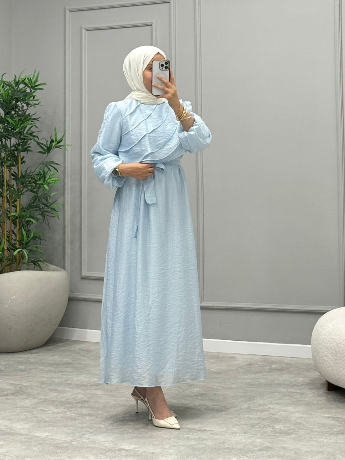 Mowa Yaka Detaylı Elbise -Mavi