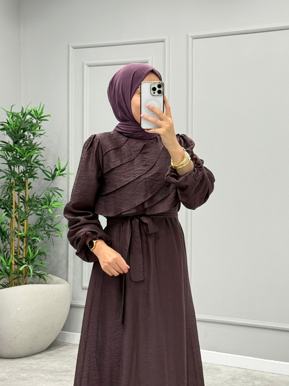 Mowa Yaka Detaylı Elbise -Mürdüm