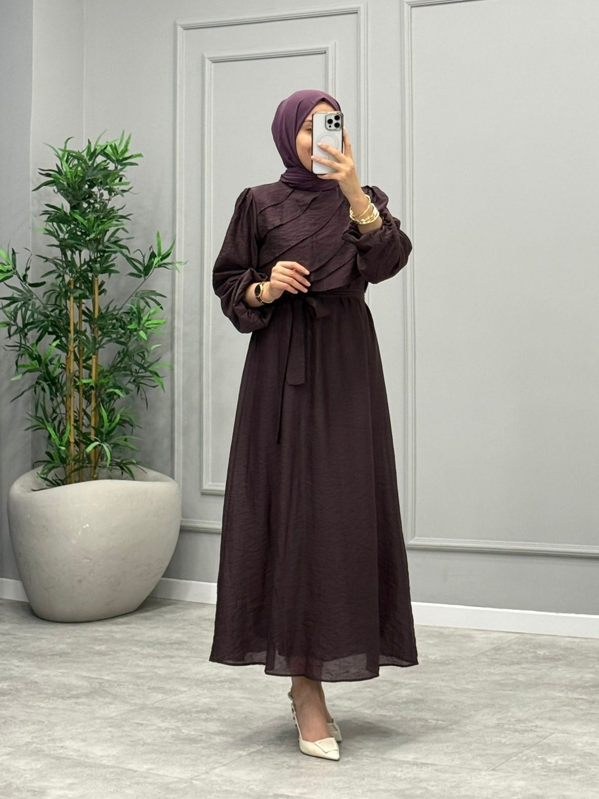 Mowa Yaka Detaylı Elbise -Mürdüm