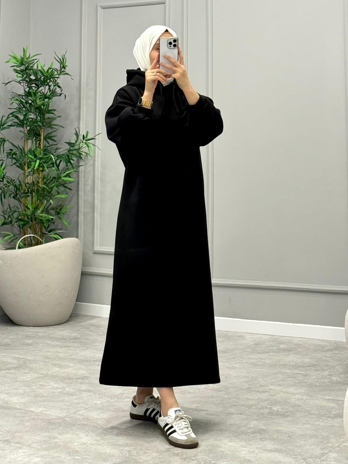 Oversize Şardonlu Elbise -Siyah