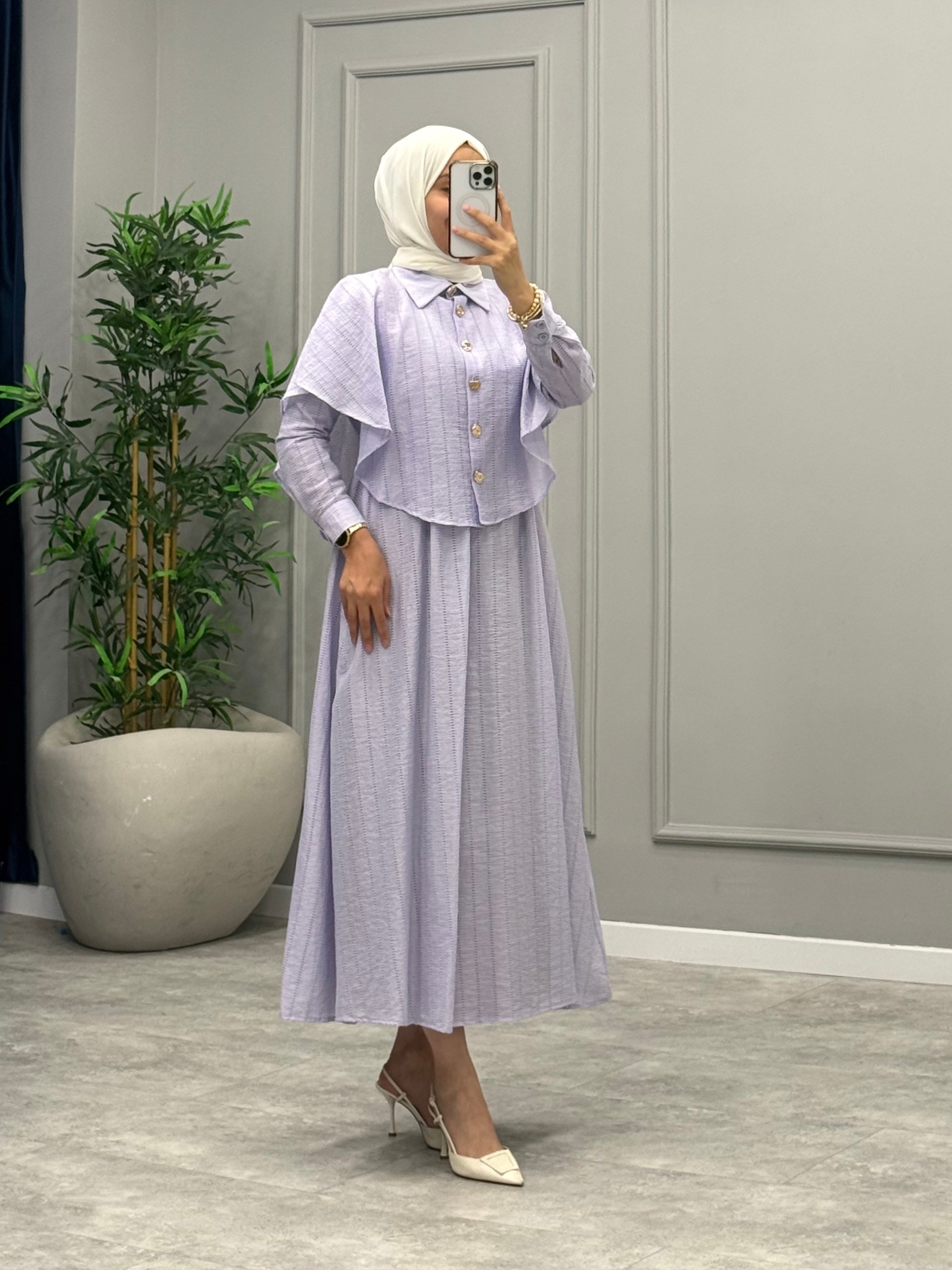Pelerin Detay Elbise -Lila