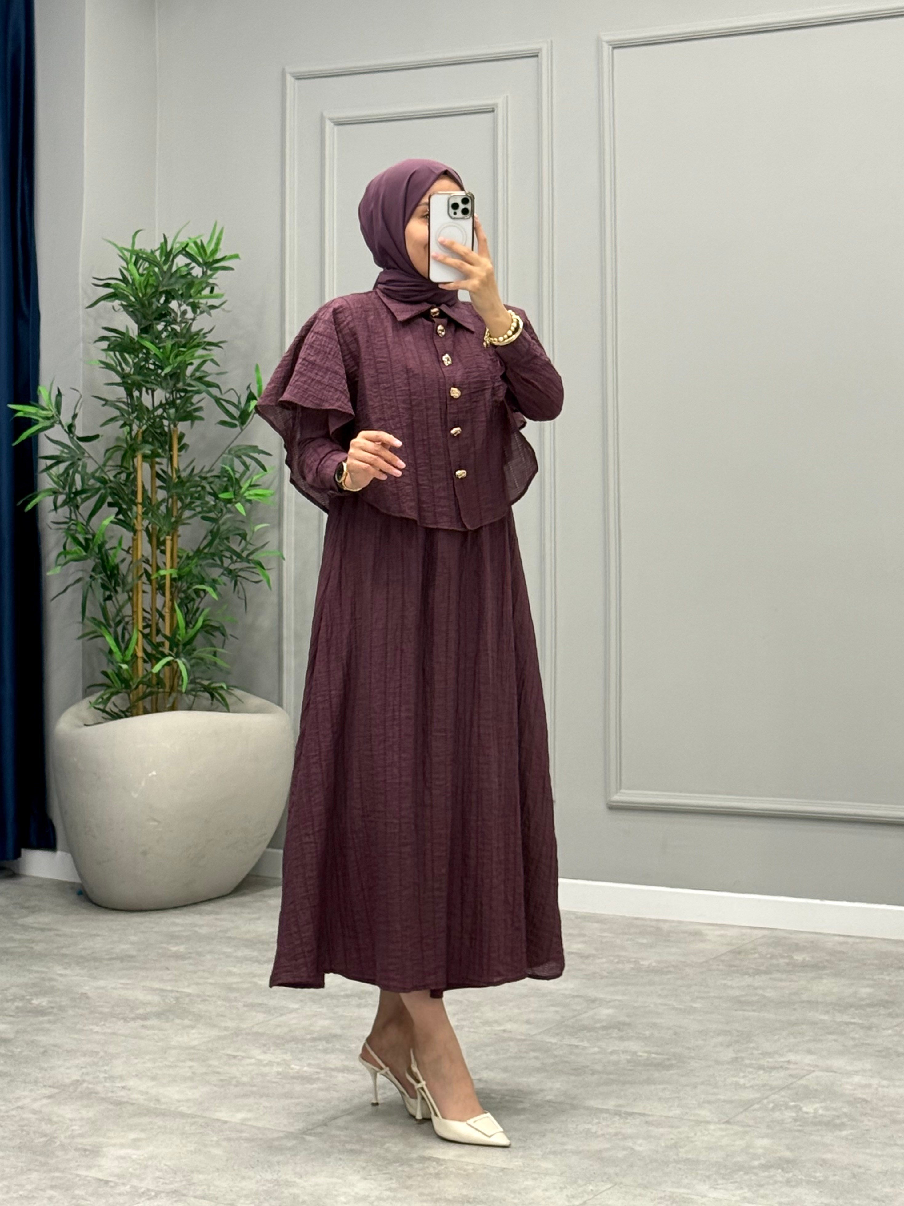 Pelerin Detay Elbise -Mürdüm