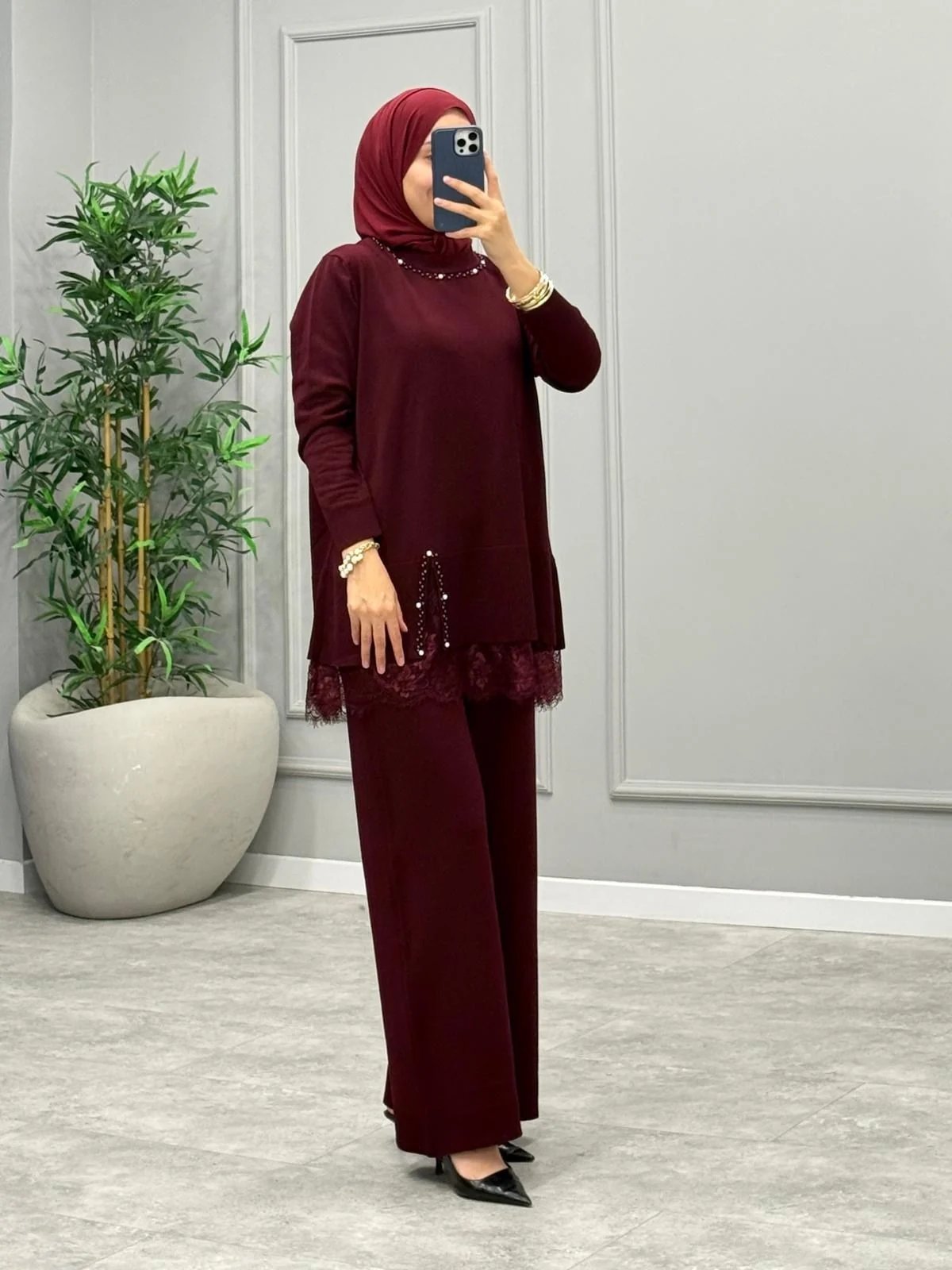 Pesco Dantel Detay Merserize Takım -Bordo