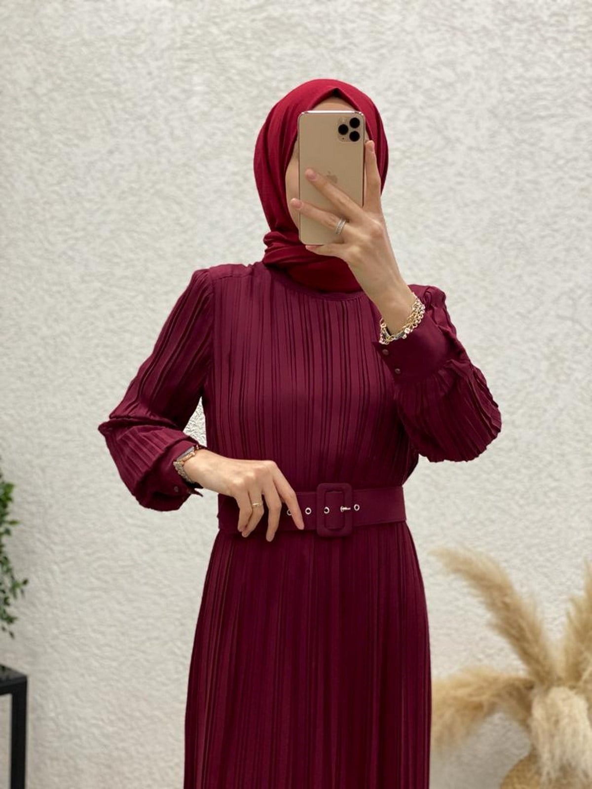 Piliseli Kemerli Elbise -Bordo