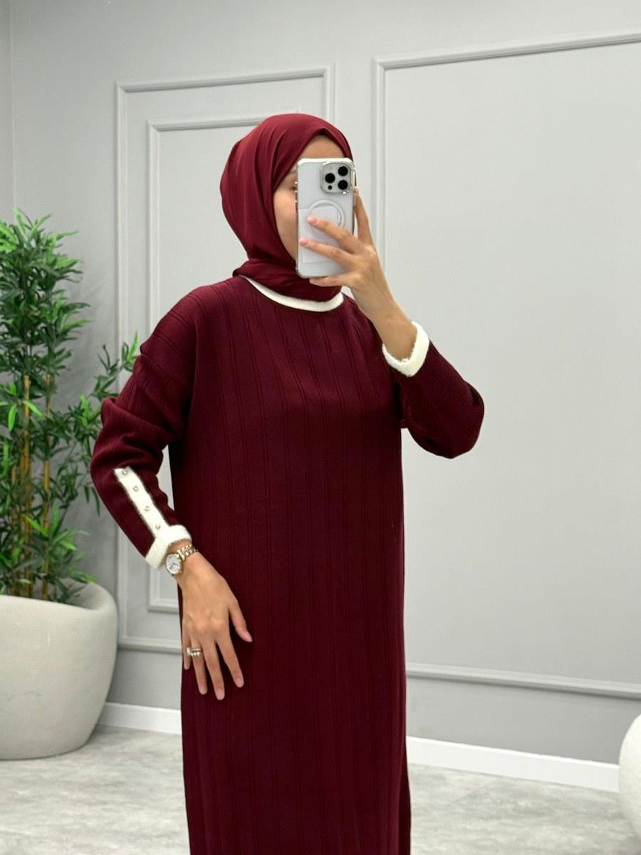 Raina Yakası Tüylü Elbise -Bordo