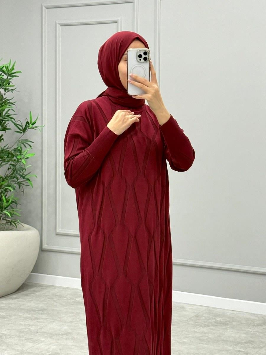 Rona Desenli Triko Elbise -Bordo