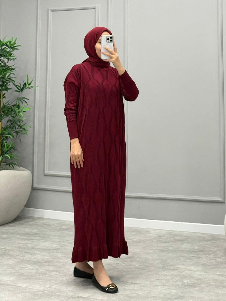 Rona Desenli Triko Elbise -Bordo