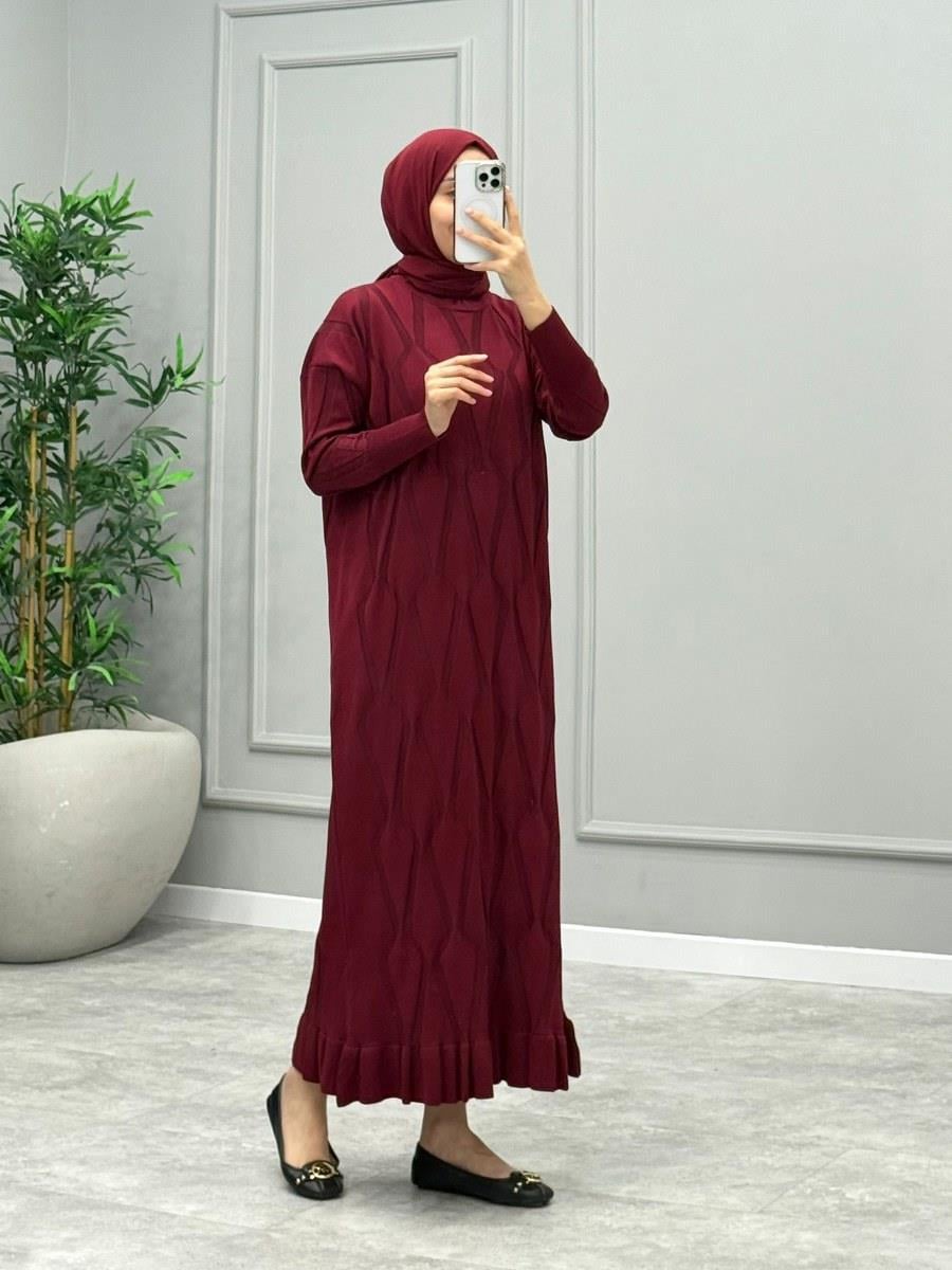 Rona Desenli Triko Elbise -Bordo