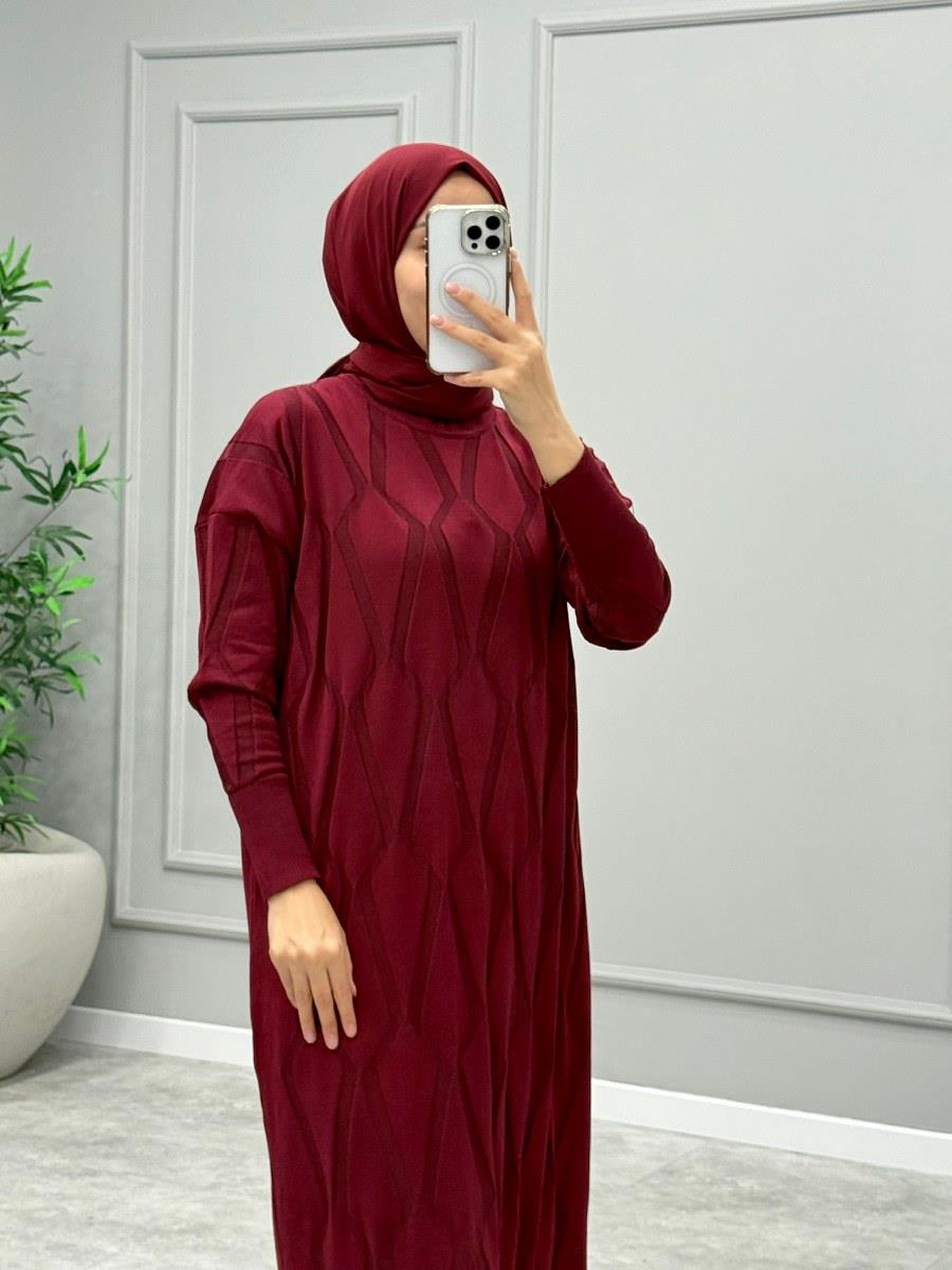 Rona Desenli Triko Elbise -Bordo