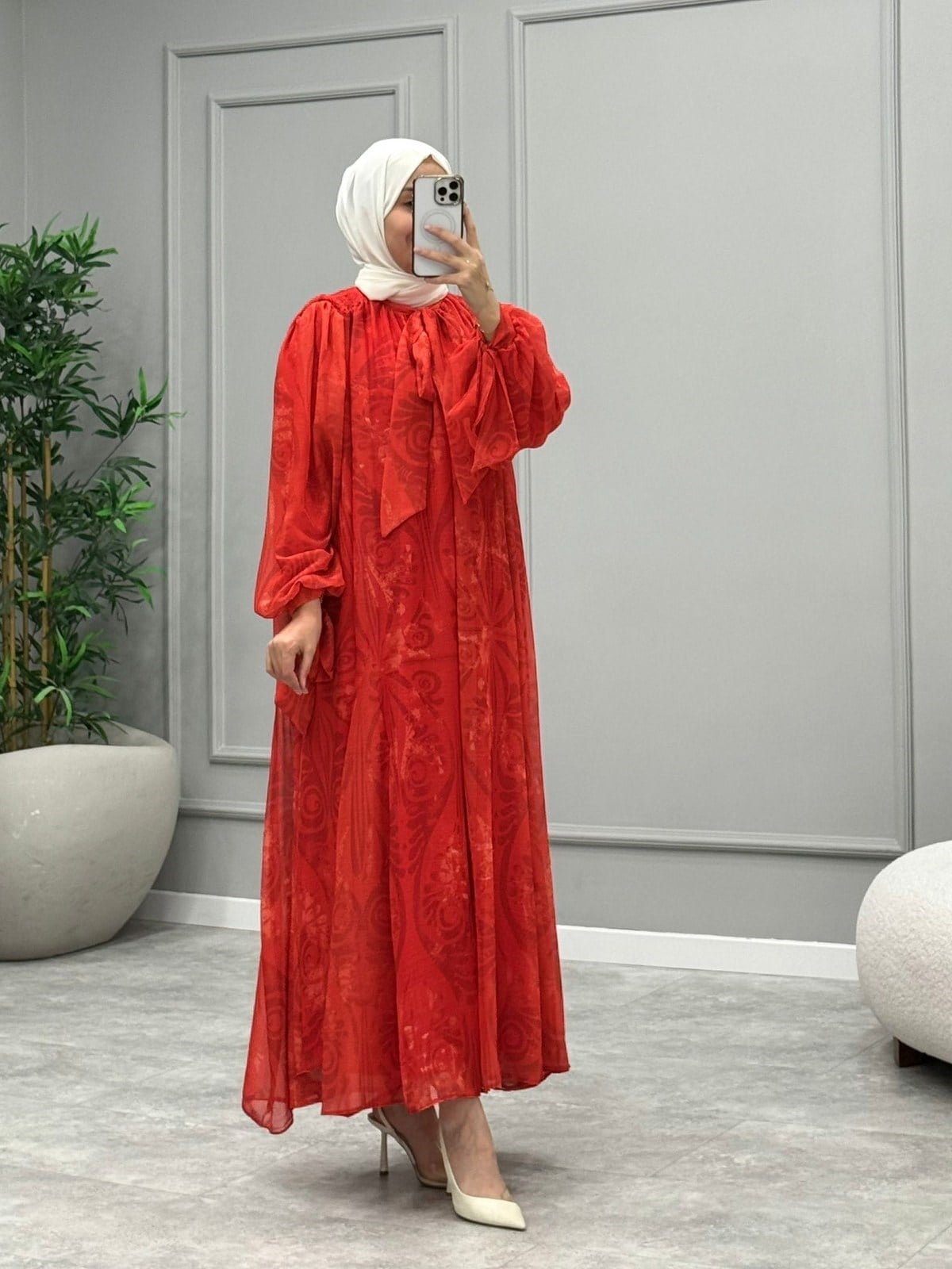 Royal Bağlamalı Şifon Elbise -Nar Çiçeği