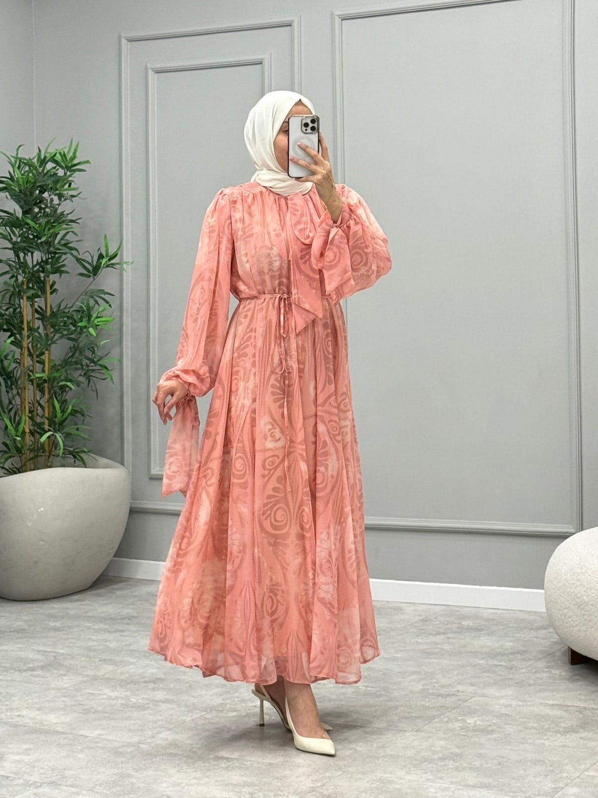 Royal Bağlamalı Şifon Elbise -Pembe