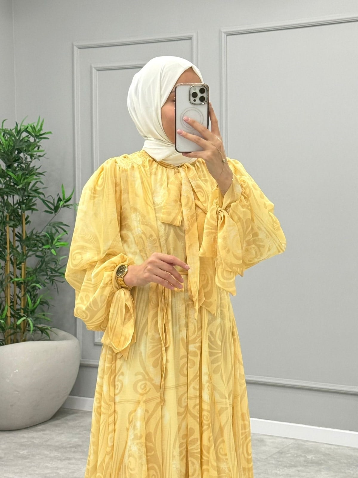 Royal Bağlamalı Şifon Elbise -Sarı