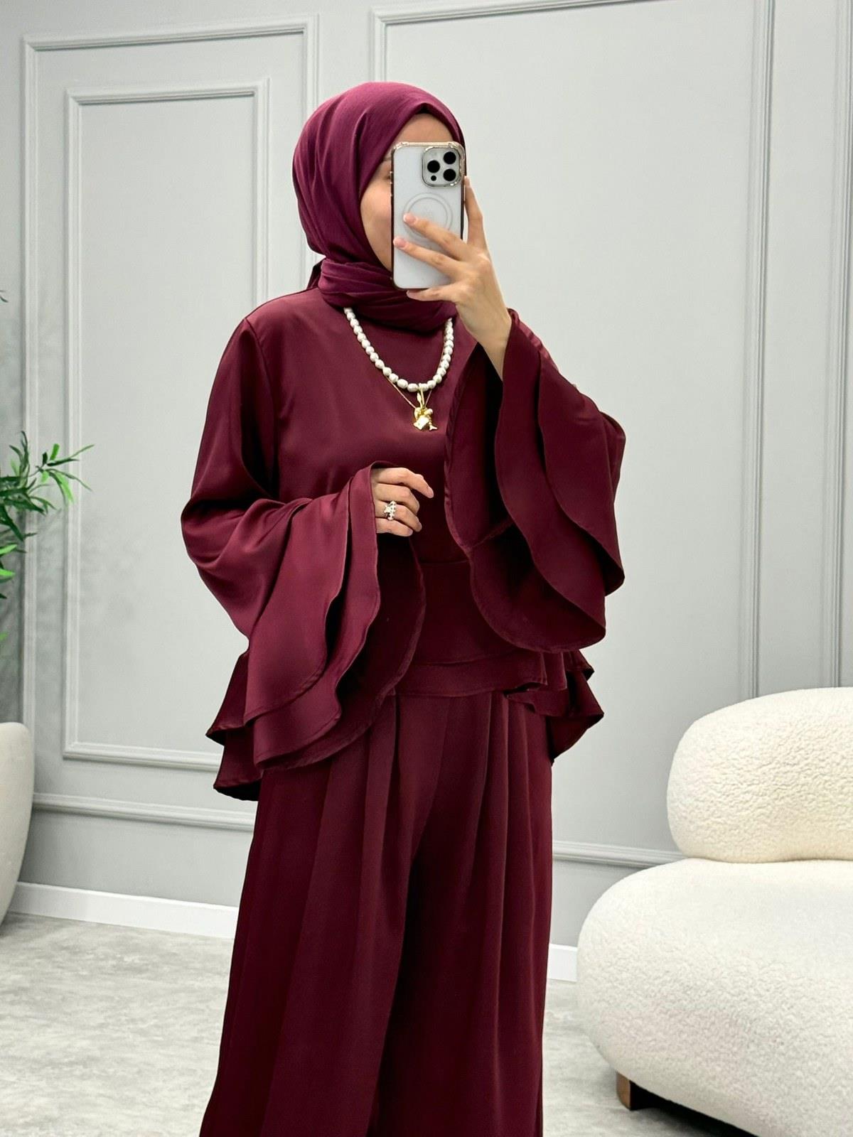 Saten Volan Detay Takım -Bordo