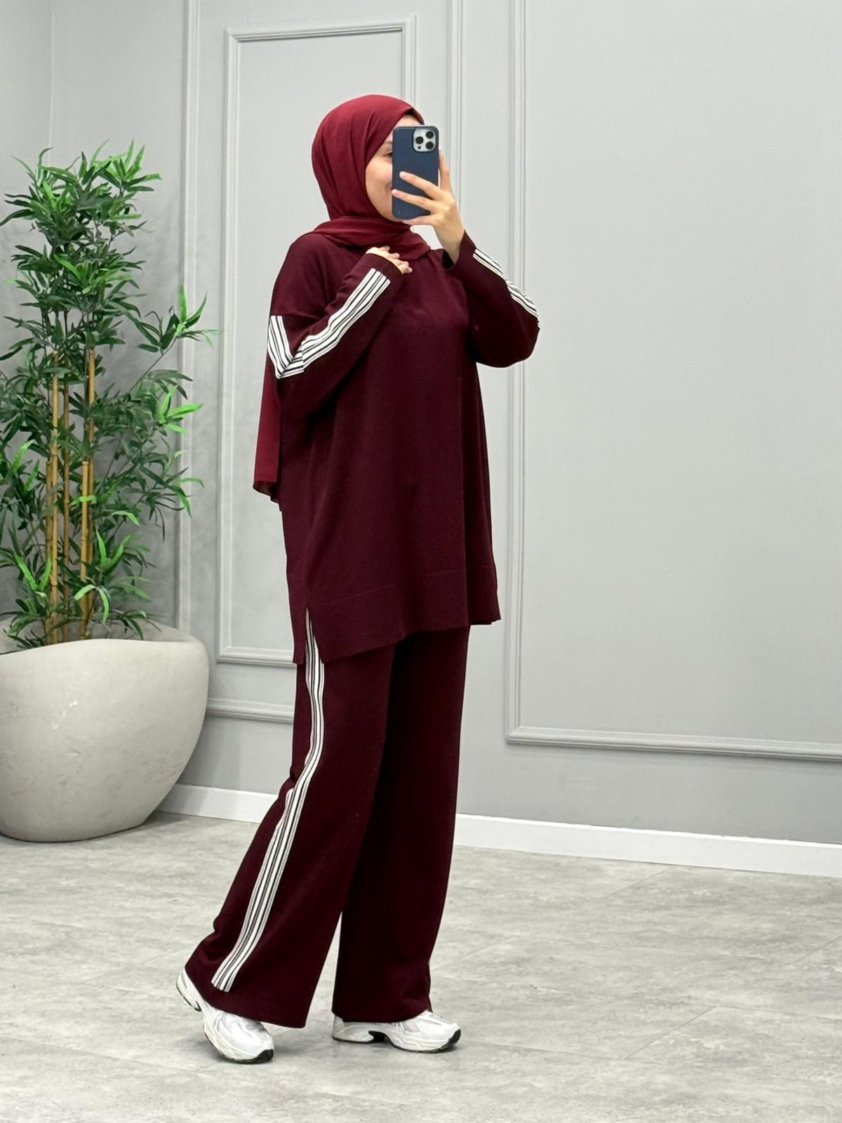 Şeritli Çizgili Takım -Bordo