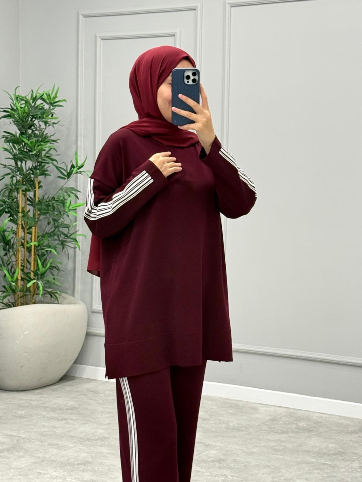 Şeritli Çizgili Takım -Bordo