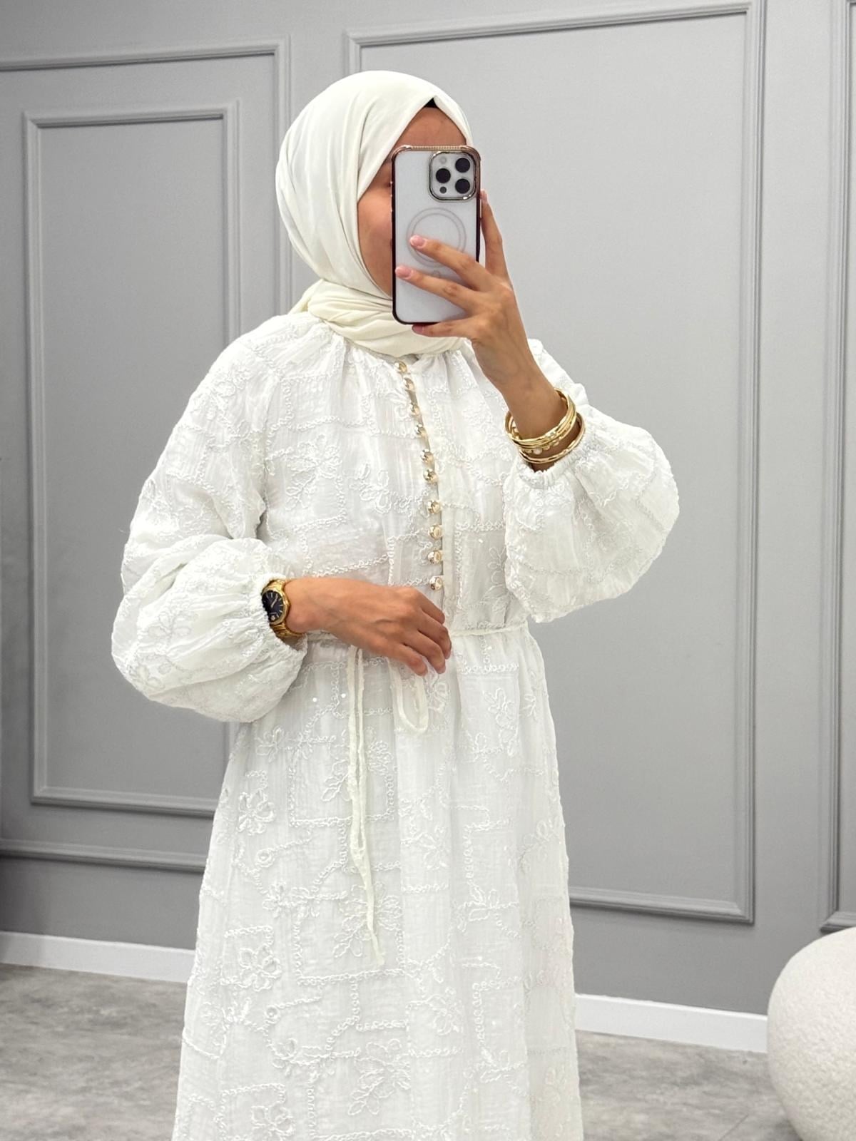 Shıne Payet Detaylı Elbise -Beyaz