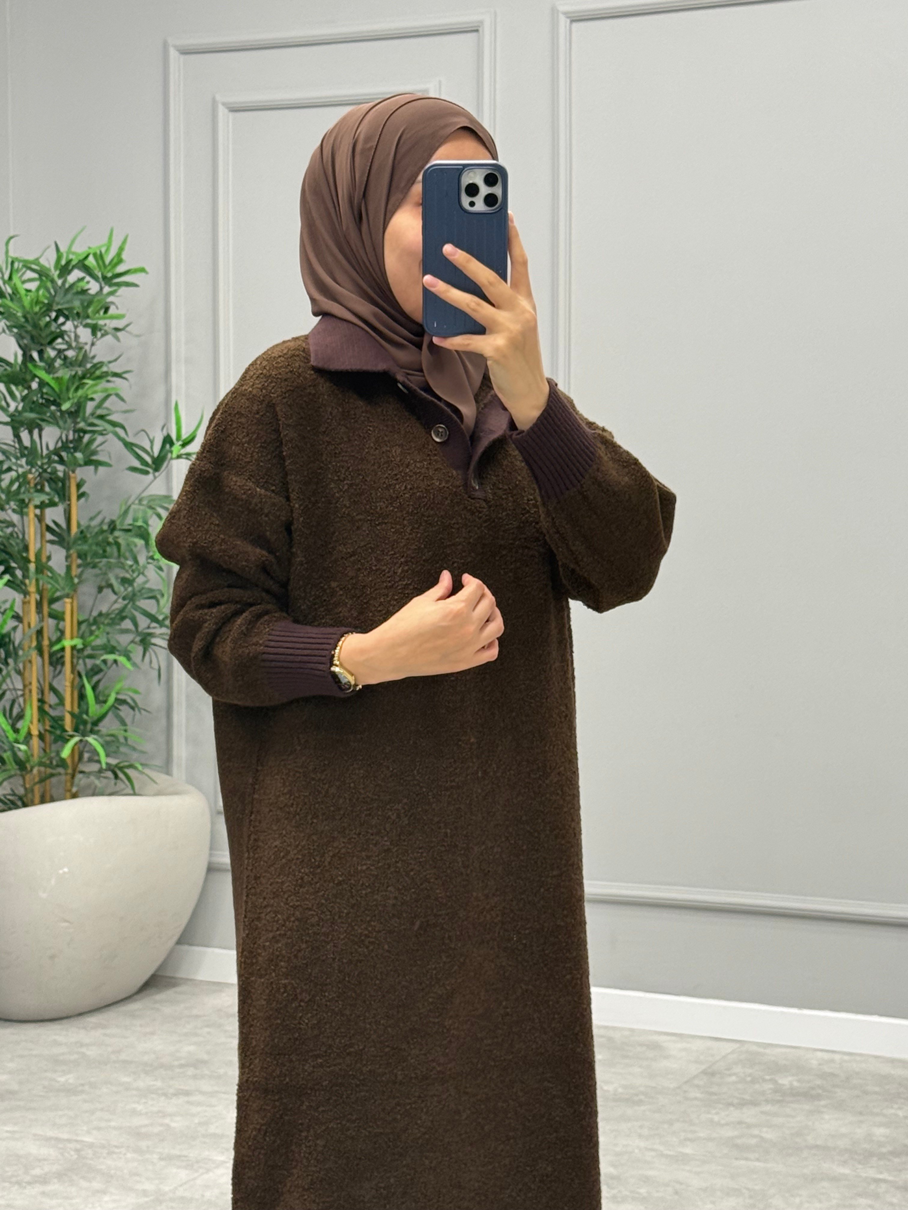 Teddy Düğme Detay Elbise -Kahverengi