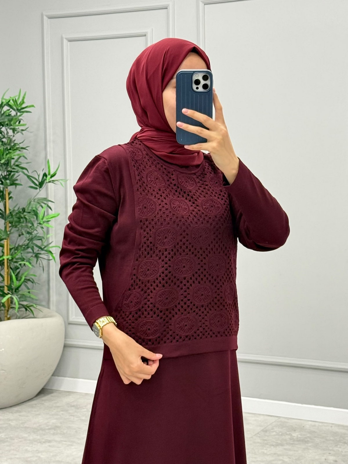 Velora Dantel Detay Merserize Elbise -Bordo