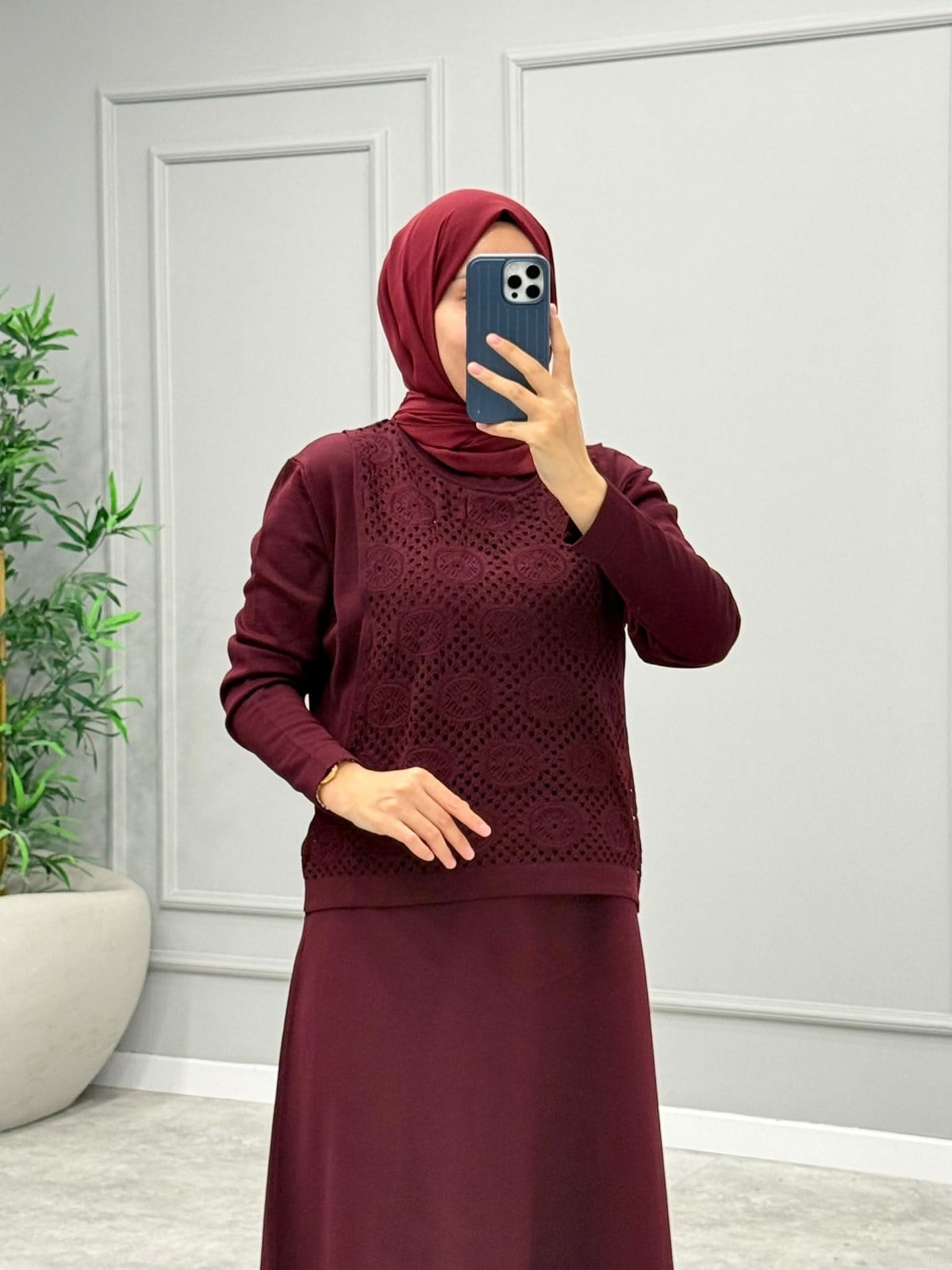Velora Dantel Detay Merserize Elbise -Bordo