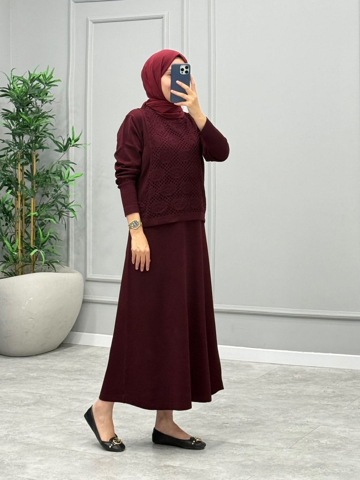 Velora Dantel Detay Merserize Elbise -Bordo