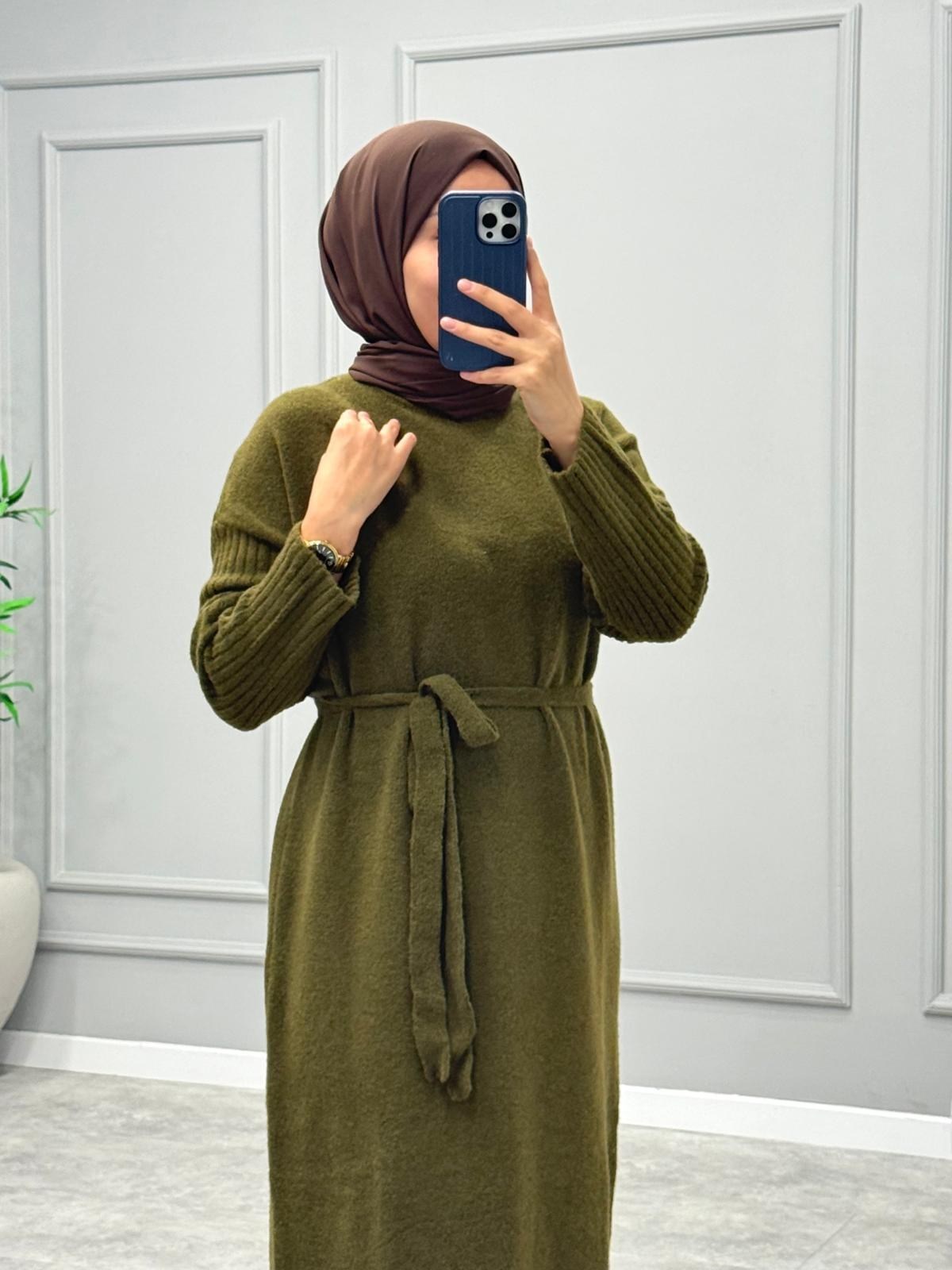 Yumoş Merserize Elbise -Haki