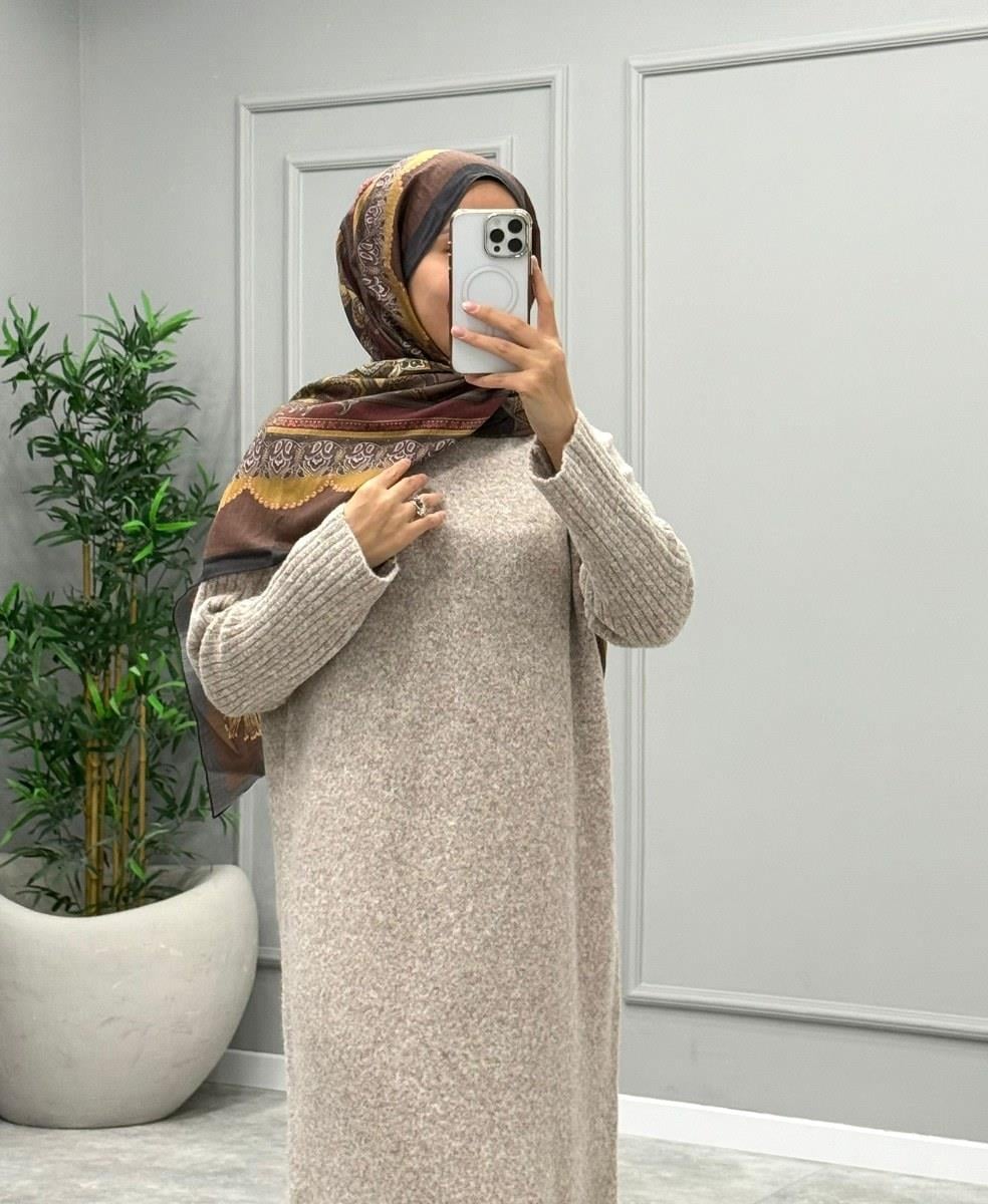 Yumoş Triko Elbise -Vizon