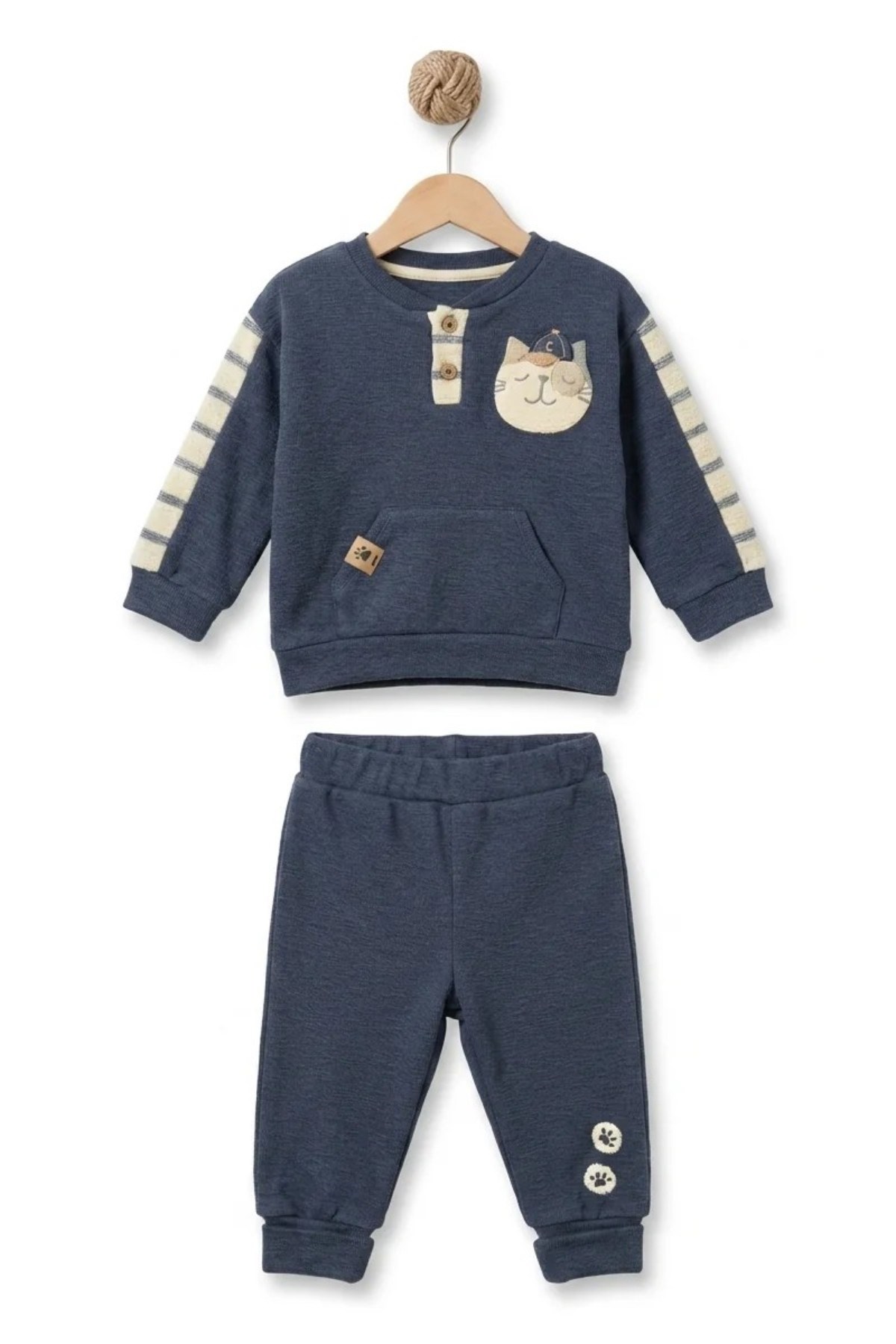 BabyCosy Erkek Bebek 3-24 Ay Kedi Desenli İkili Eşofman Takımı İndigo