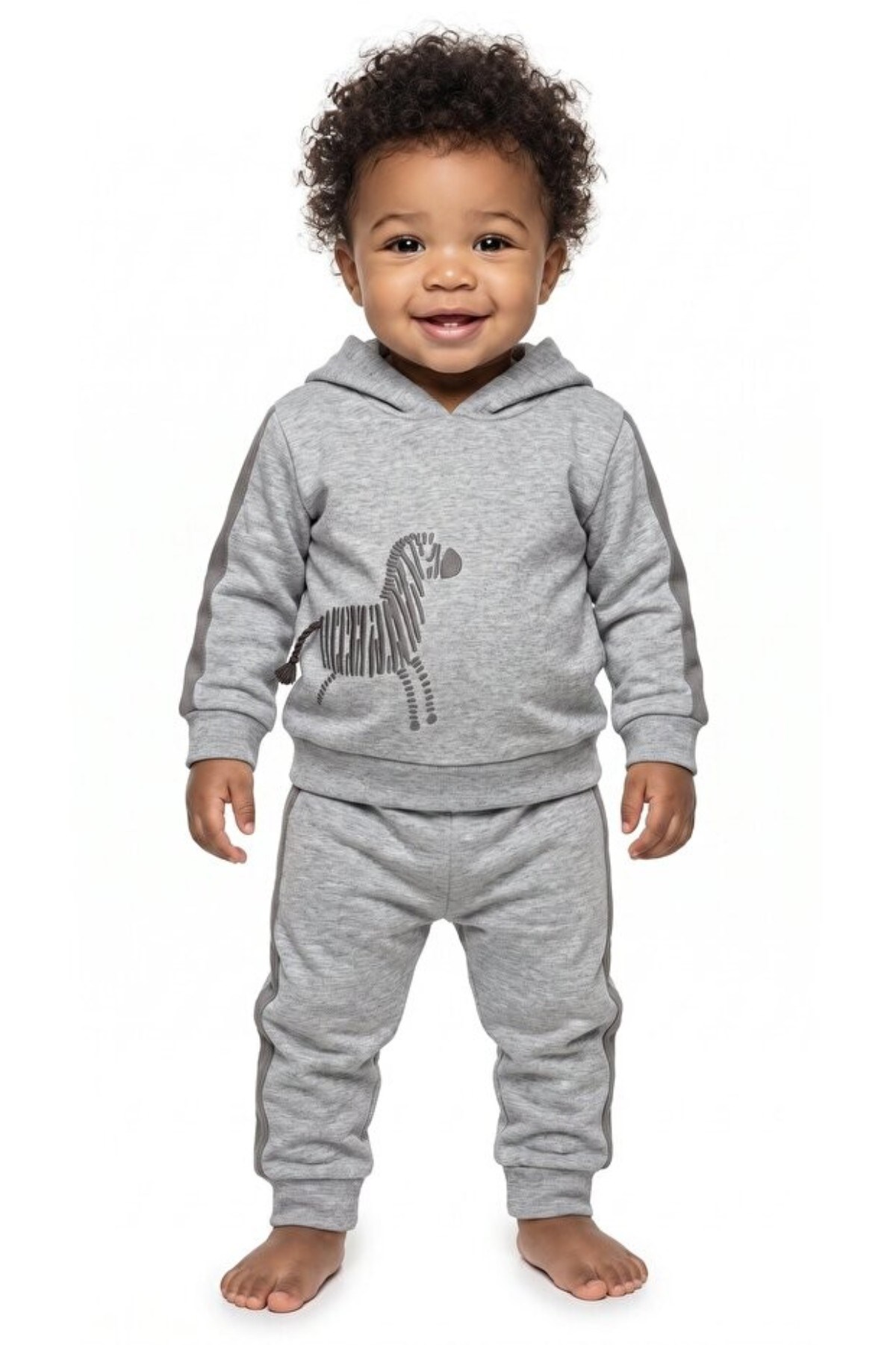 BabyCosy Erkek Bebek 3-24 Ay Zebra Desenli Kapüşonlu Eşofman Takımı Gri
