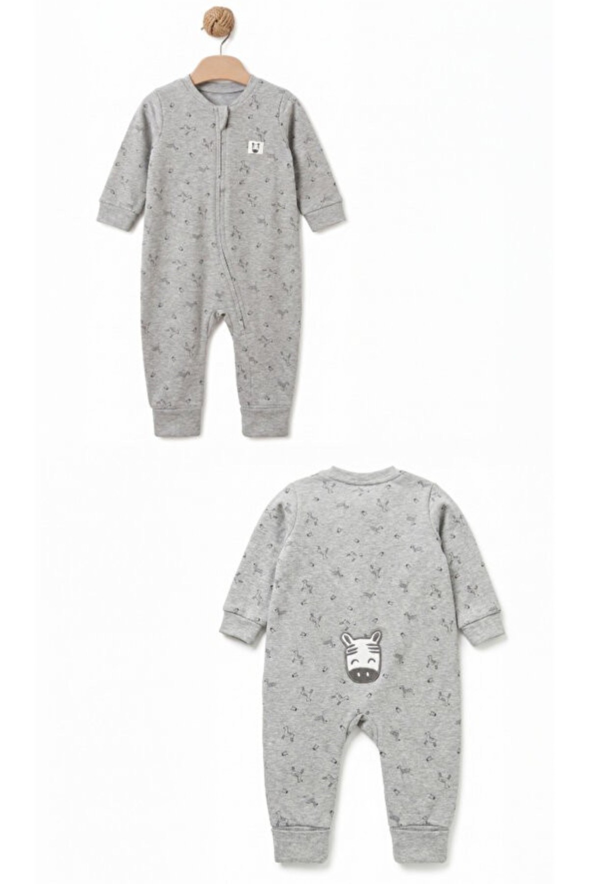 BabyCosy Erkek Bebek 3-24 Ay Zebra Desenli Fermuarlı Tulum Gri