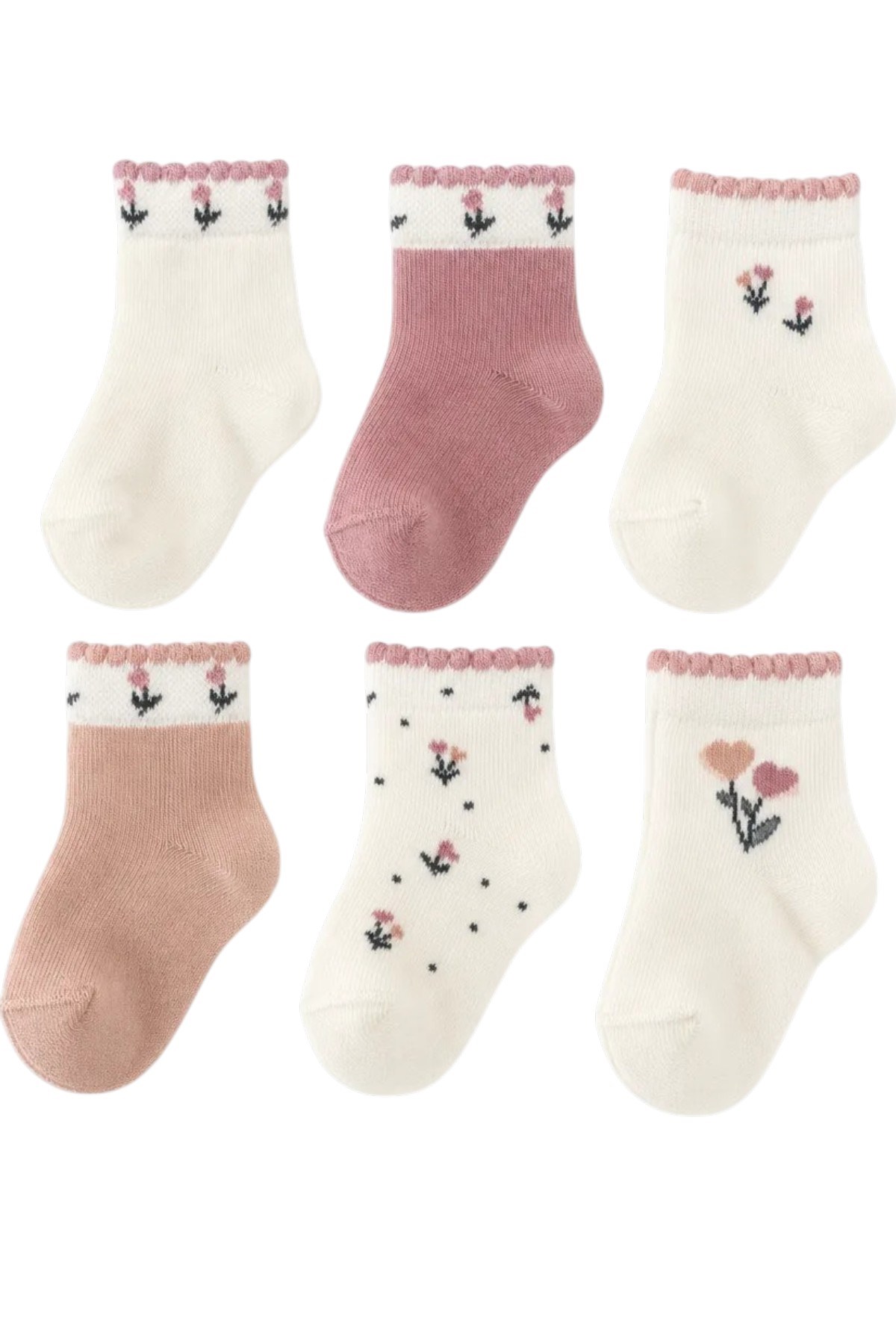 BabyCosy Kız Bebek 6-24 Ay Çiçek Desenli %100 Pamuk 6'lı Soket Çorap Ekru