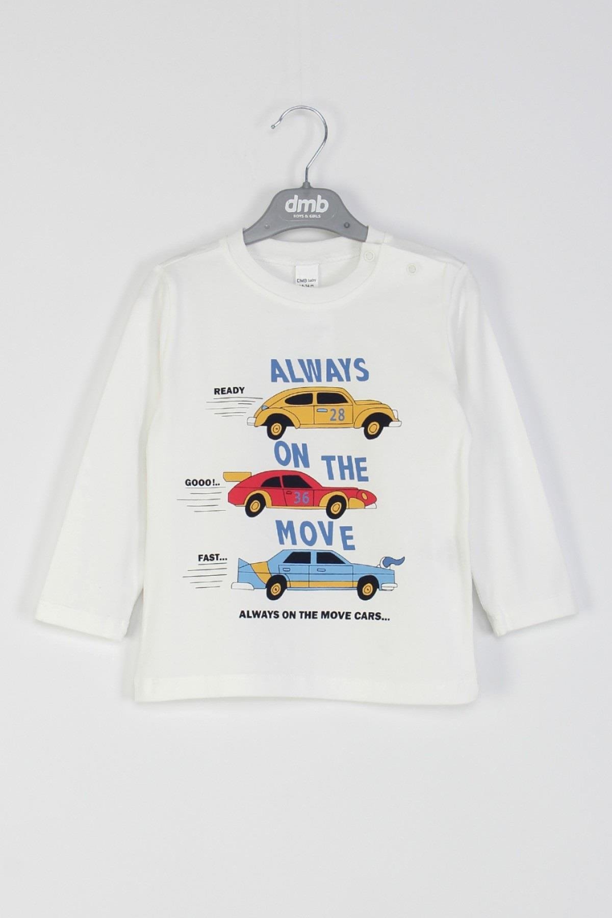 DMB Erkek Bebek 1-7 Yaş Araba Desenli İnce Uzun Kol T-shirt Ekru
