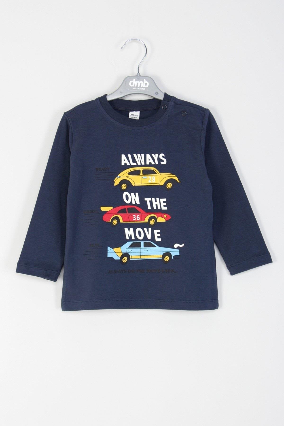 DMB Erkek Bebek 1-7 Yaş Araba Desenli İnce Uzun Kol T-shirt Lacivert