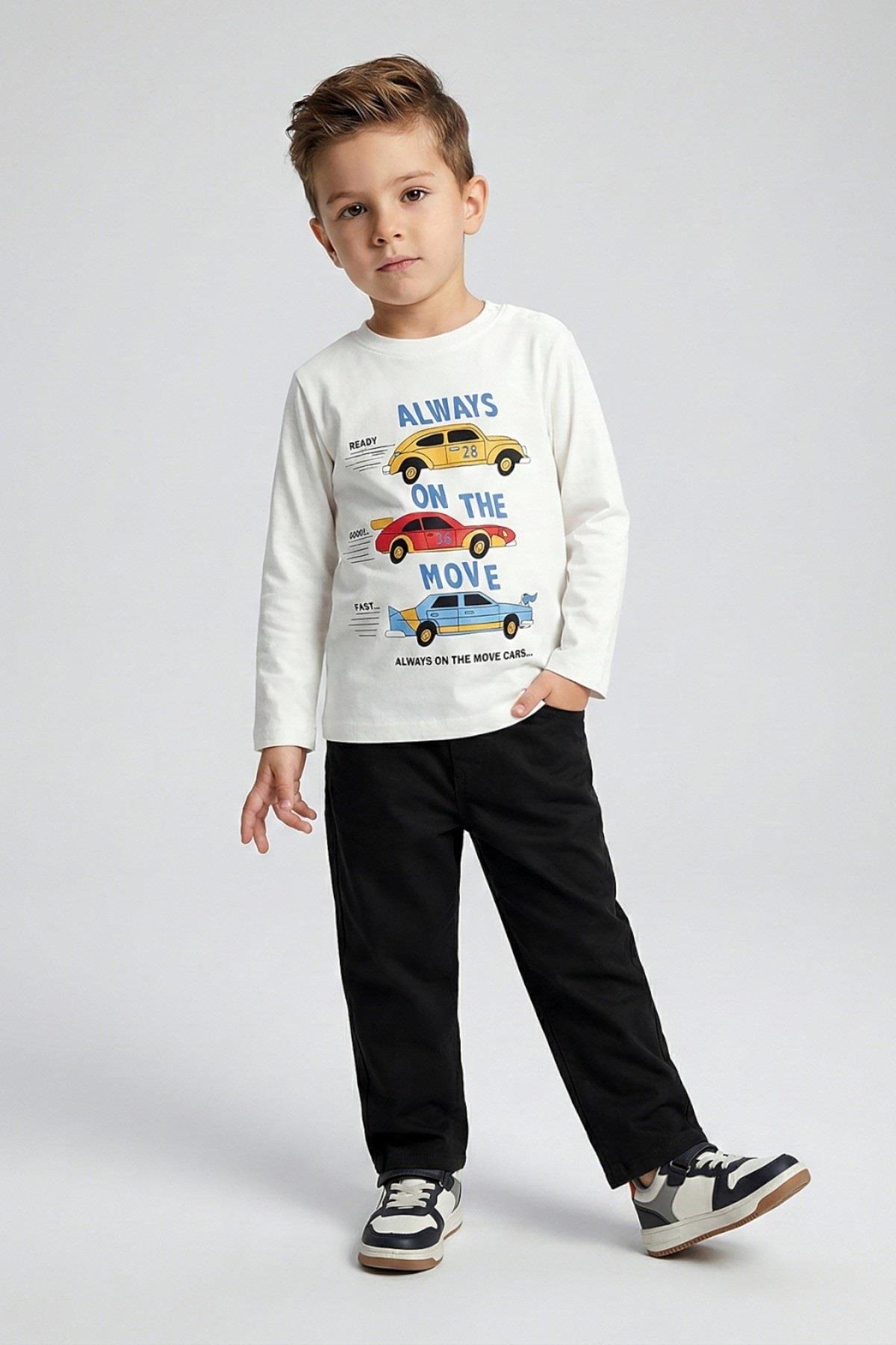 DMB Erkek Bebek 1-7 Yaş Araba Desenli İnce Uzun Kol T-shirt Ekru