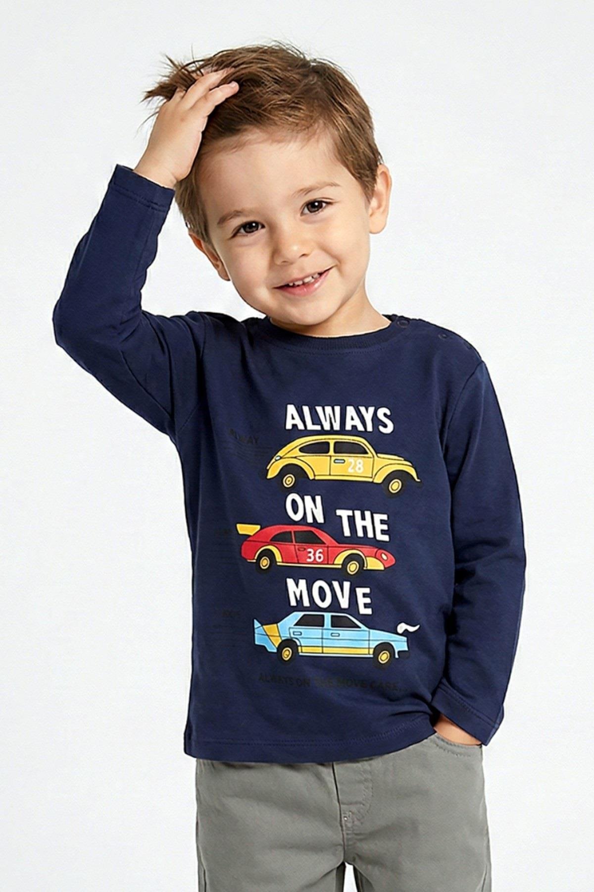 DMB Erkek Bebek 1-7 Yaş Araba Desenli İnce Uzun Kol T-shirt Lacivert