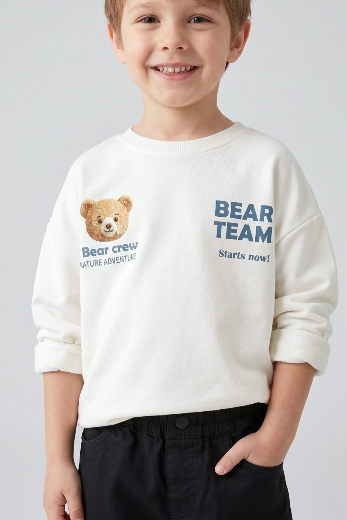 Dmb Erkek Çocuk 1-7 Yaş Ayıcık Baskılı Mevsimlik Sweatshirt Ekru
