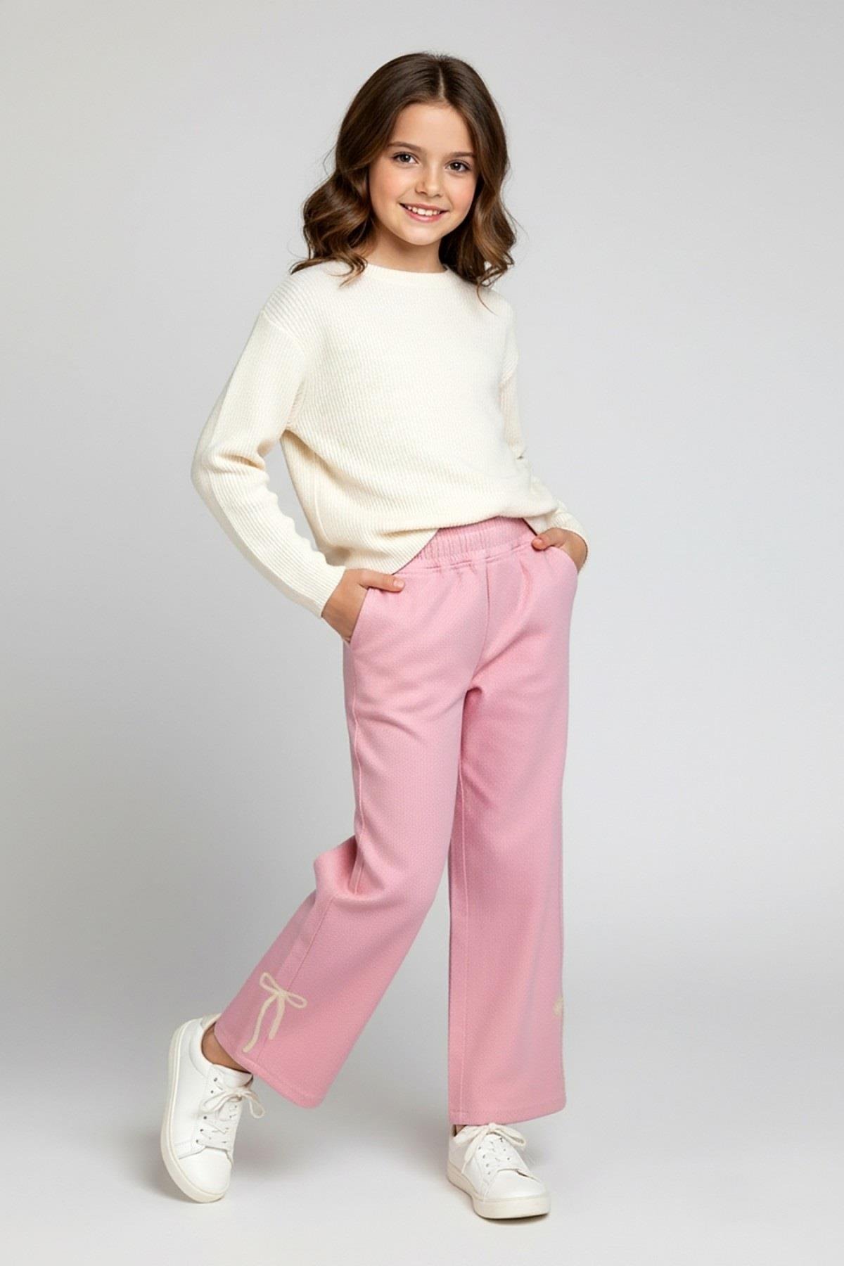 DMB Kız Çocuk 4-9 Yaş Fiyonk İşlemeli Renkli Denim Pantolon Pembe
