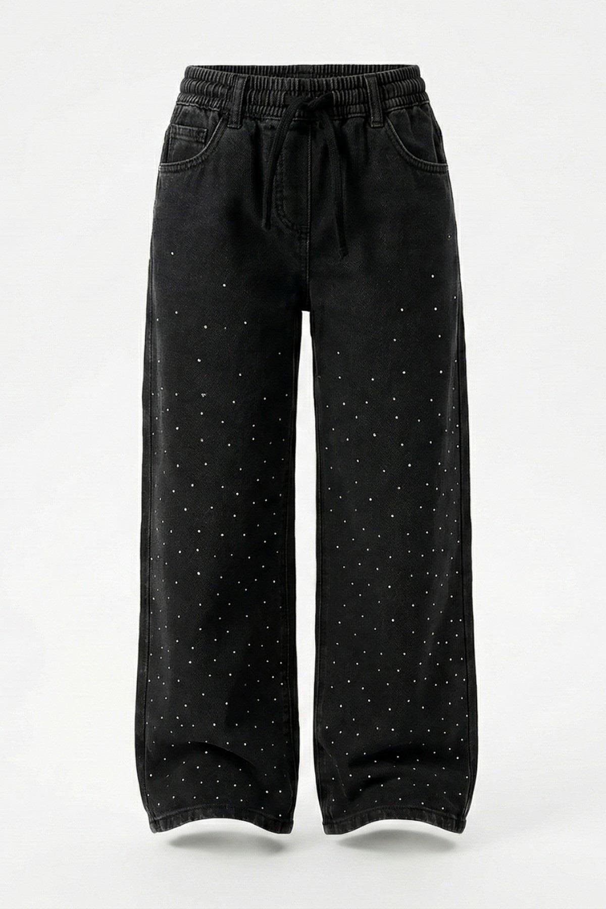 Dmb Kız Çocuk 4-9 Yaş Taşlı Palazzo Denim Pantolon Siyah
