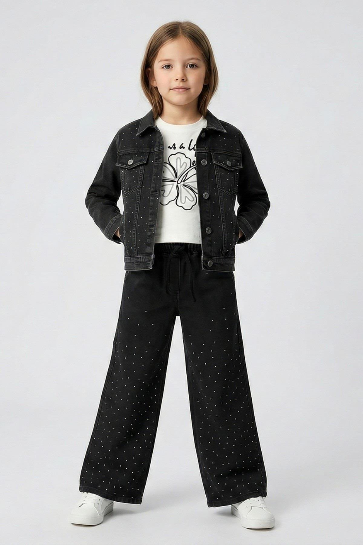 Dmb Kız Çocuk 4-9 Yaş Taşlı Palazzo Denim Pantolon Siyah