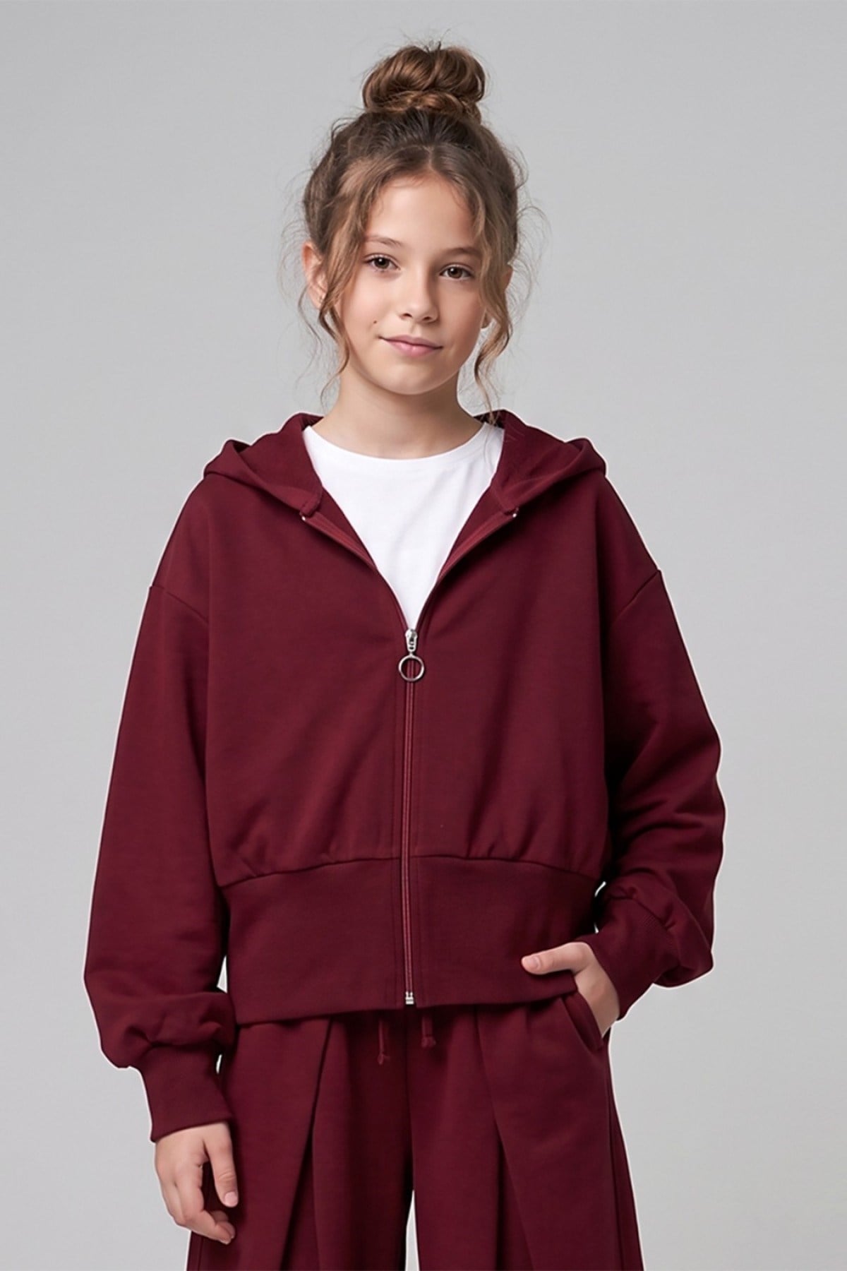Dmb Kız Çocuk 9-14 Yaş Kapüşonlu Crop Hırka Bordo