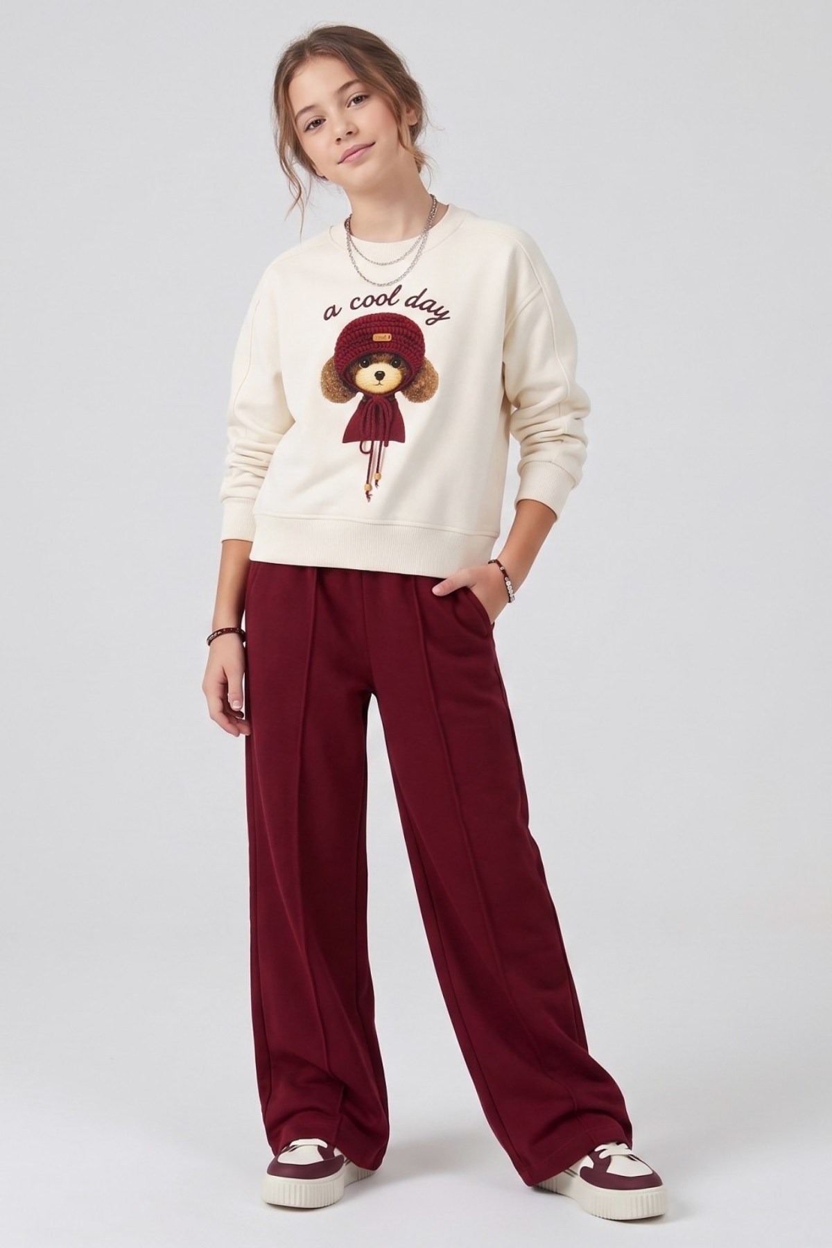 DMB Kız Çocuk 9-14 Yaş Köpek Baskılı Sweatshirt Bej