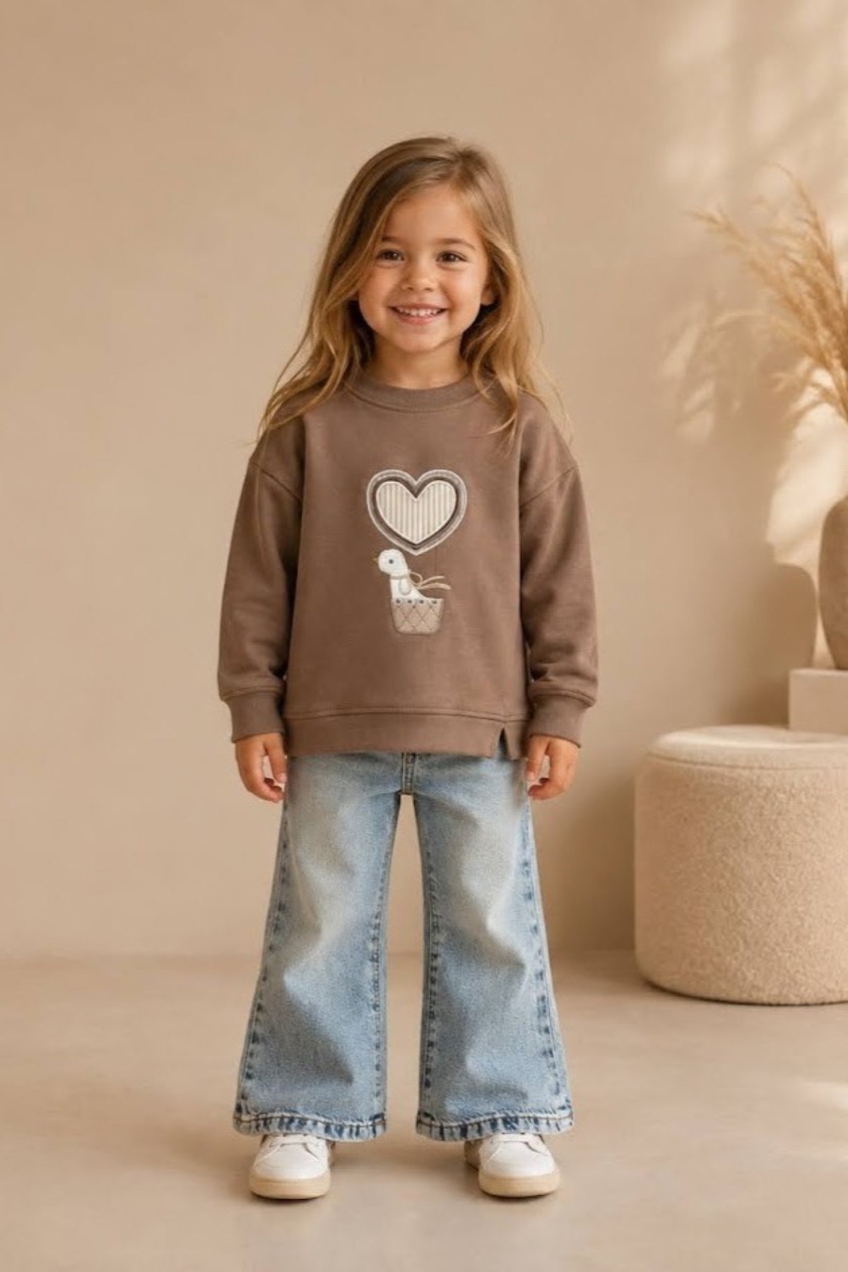 Escabel Kız Bebek 1-5 Yaş Balon Nakışlı Sweatshirt Kahverengi