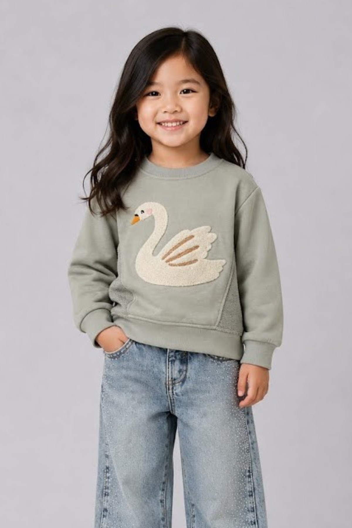 Escabel Kız Bebek 1-5 Yaş Kuğu Nakışlı Pamuklu Sweatshirt Su Yeşili